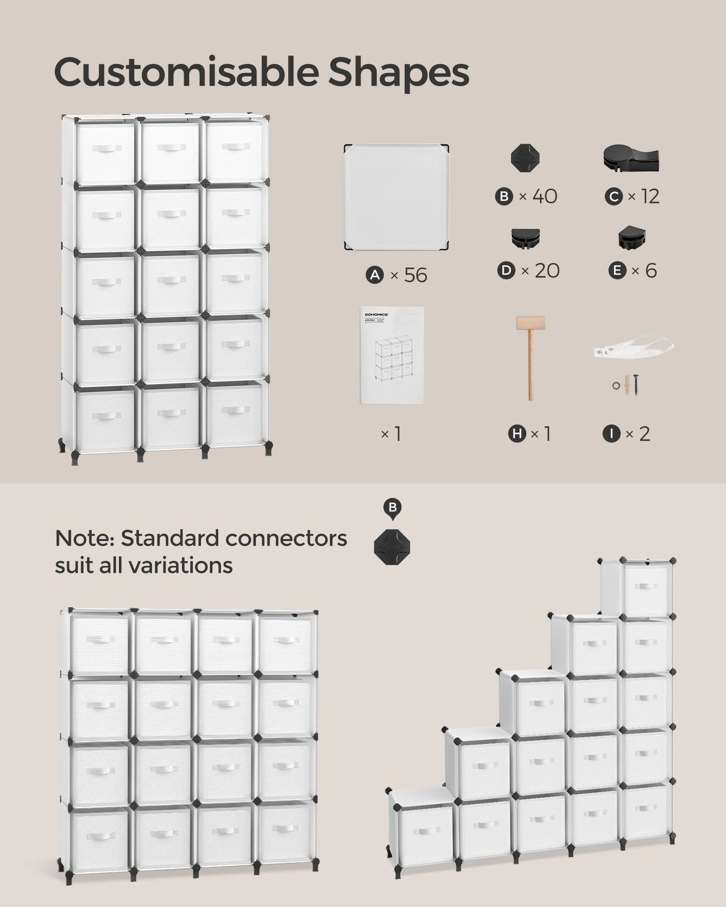 Cube Storage Organiser - Non-Woven Fabric - Cloud White - Customisable Shape with 16 Storage Boxes