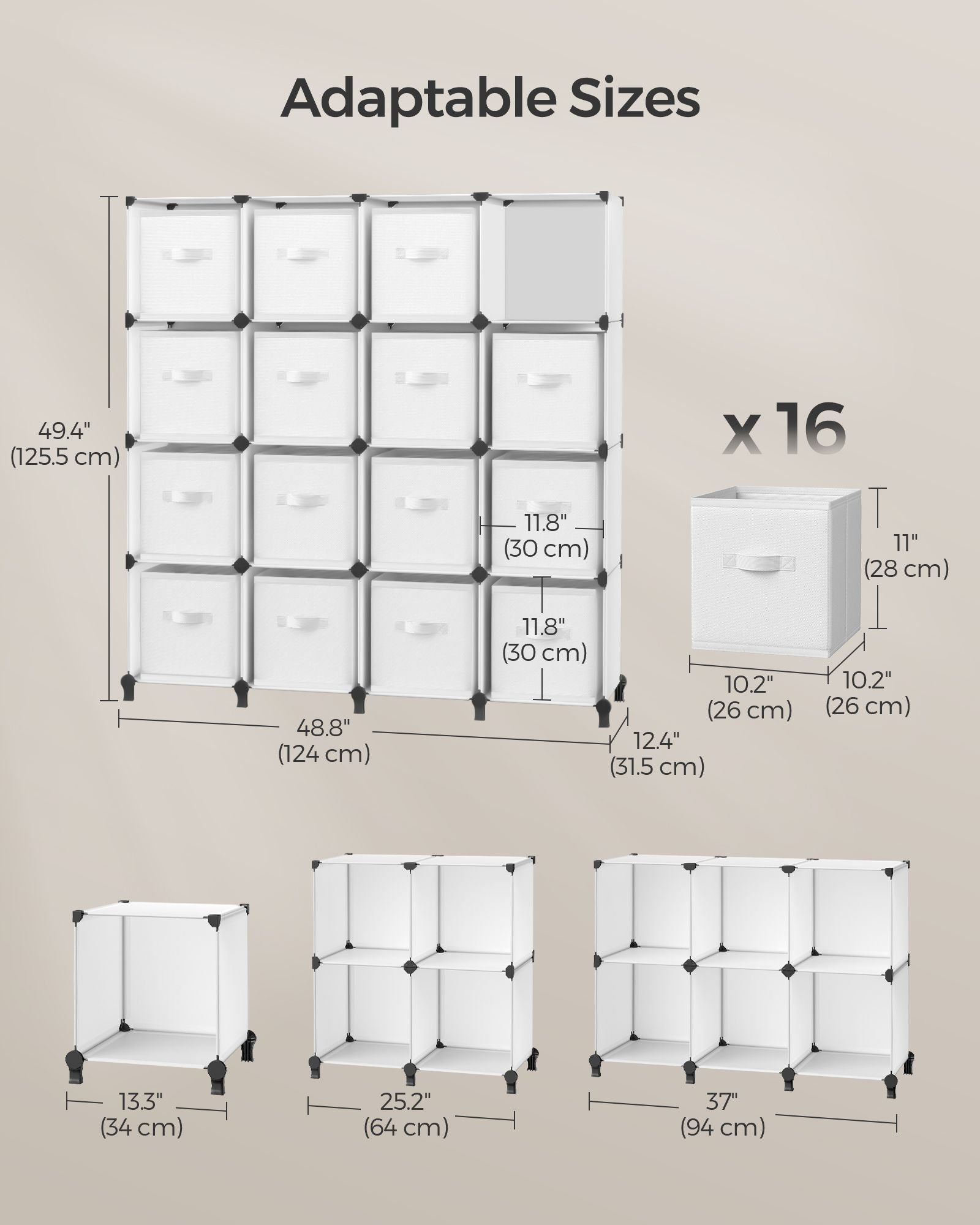 Cube Storage Organiser - Non-Woven Fabric - Cloud White - Customisable Shape with 16 Storage Boxes