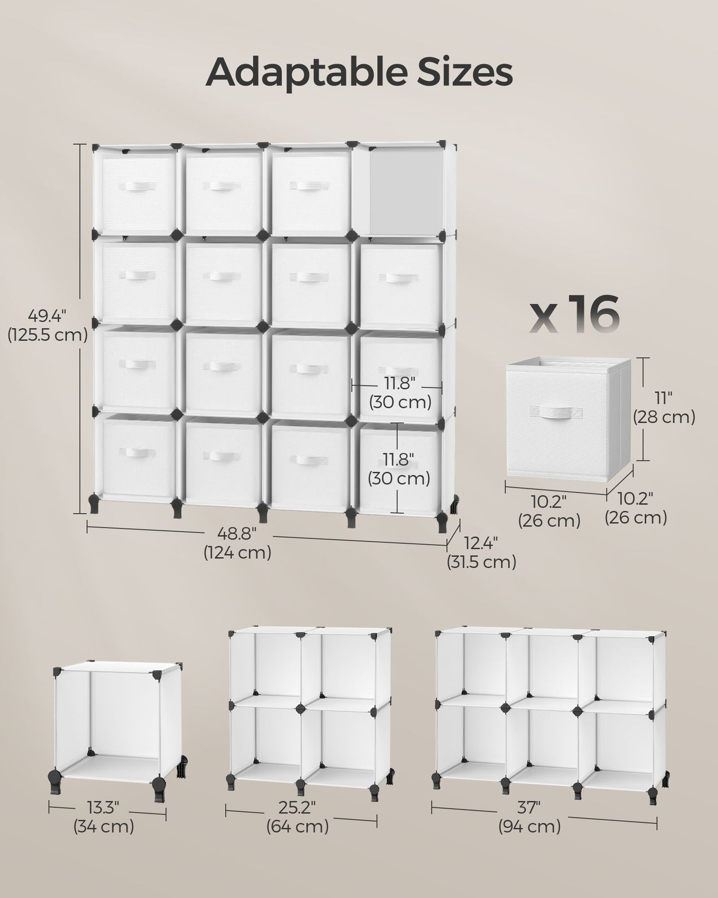 Cube Storage Organiser - Non-Woven Fabric - Cloud White - Customisable Shape with 16 Storage Boxes