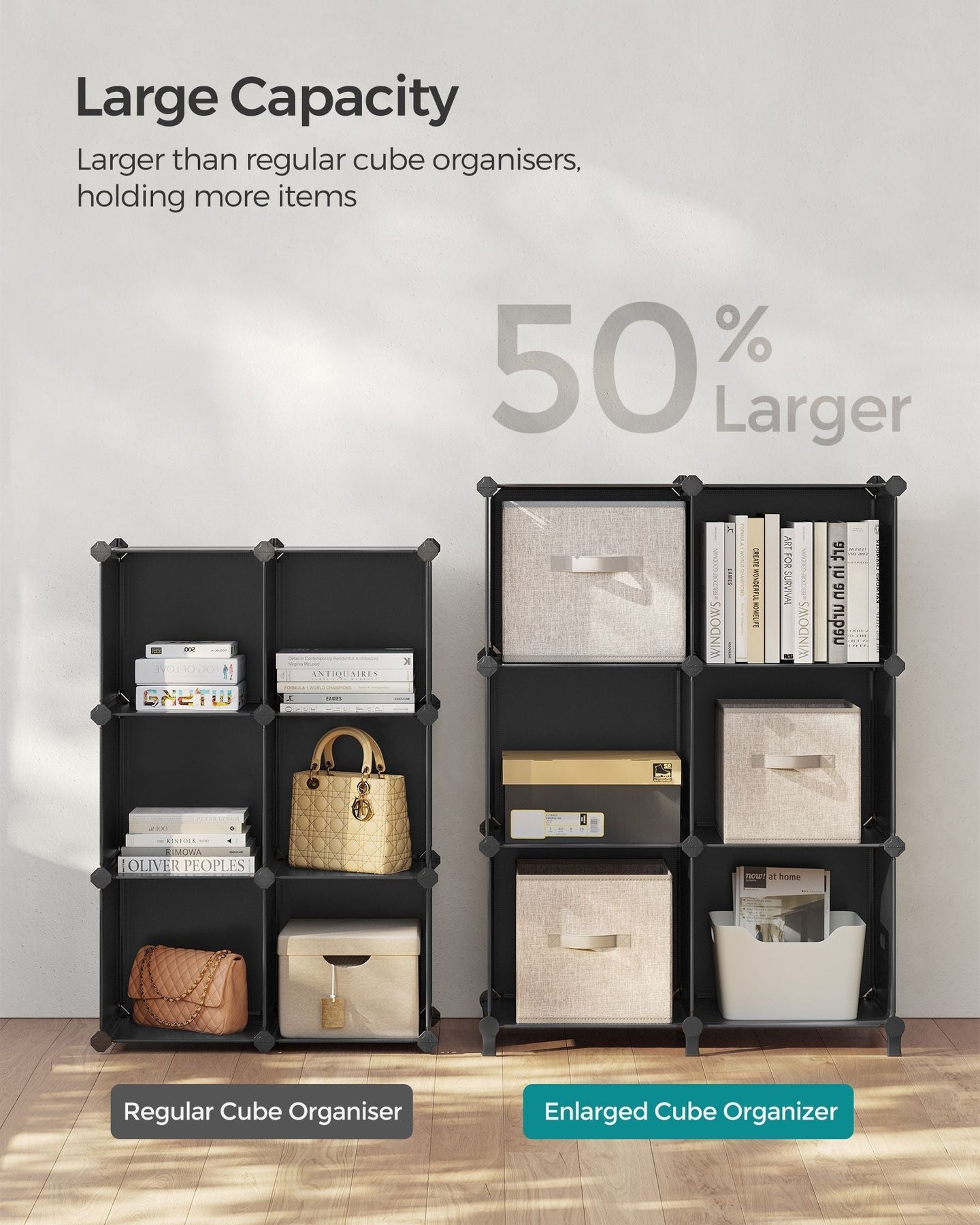 Cube Storage Organiser - Plastic - Ink Black - 6-Cube Design with Metal Grid Top