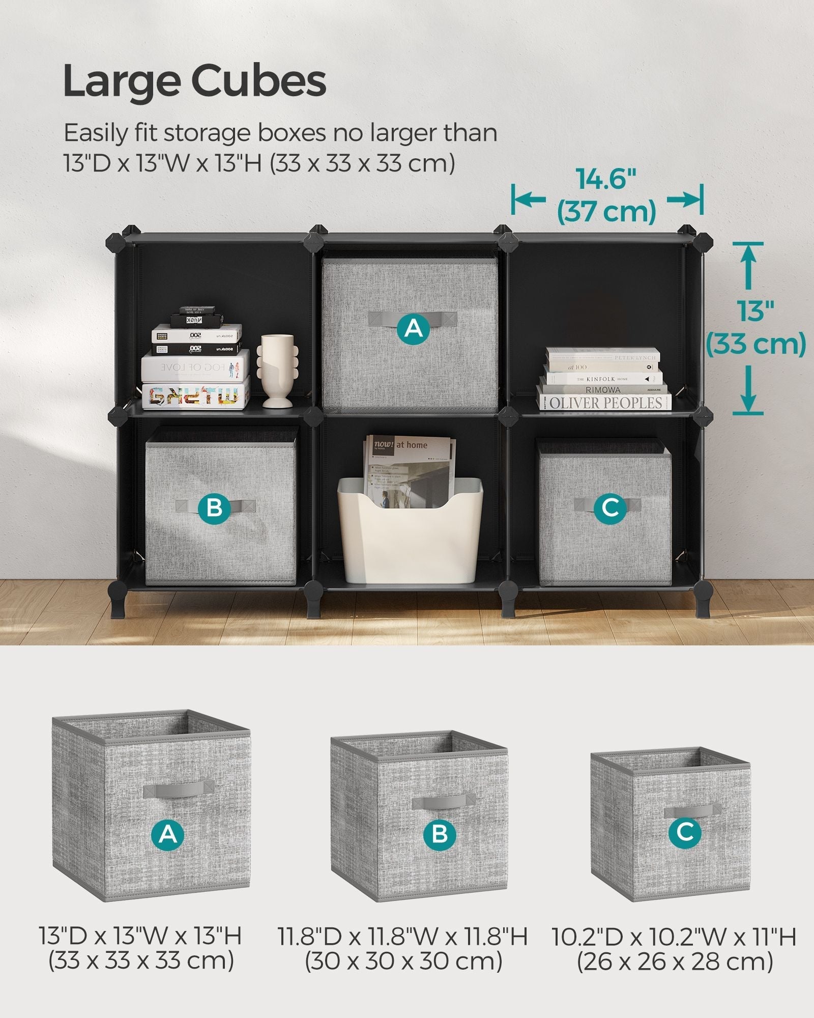Cube Storage Organiser - Plastic - Ink Black - 6-Cube Design with Metal Grid Top