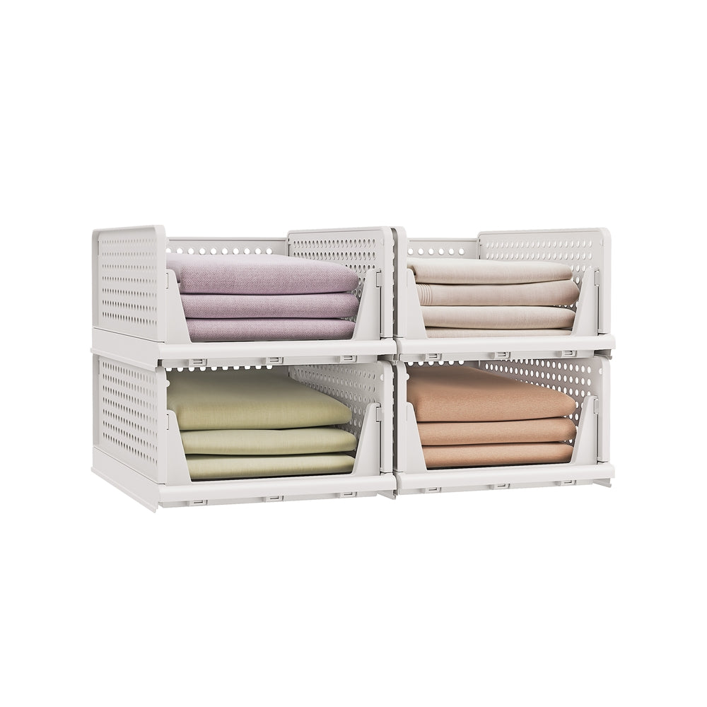 Stackable Storage Baskets - Fabric - White - Foldable and Organizational Set of 4