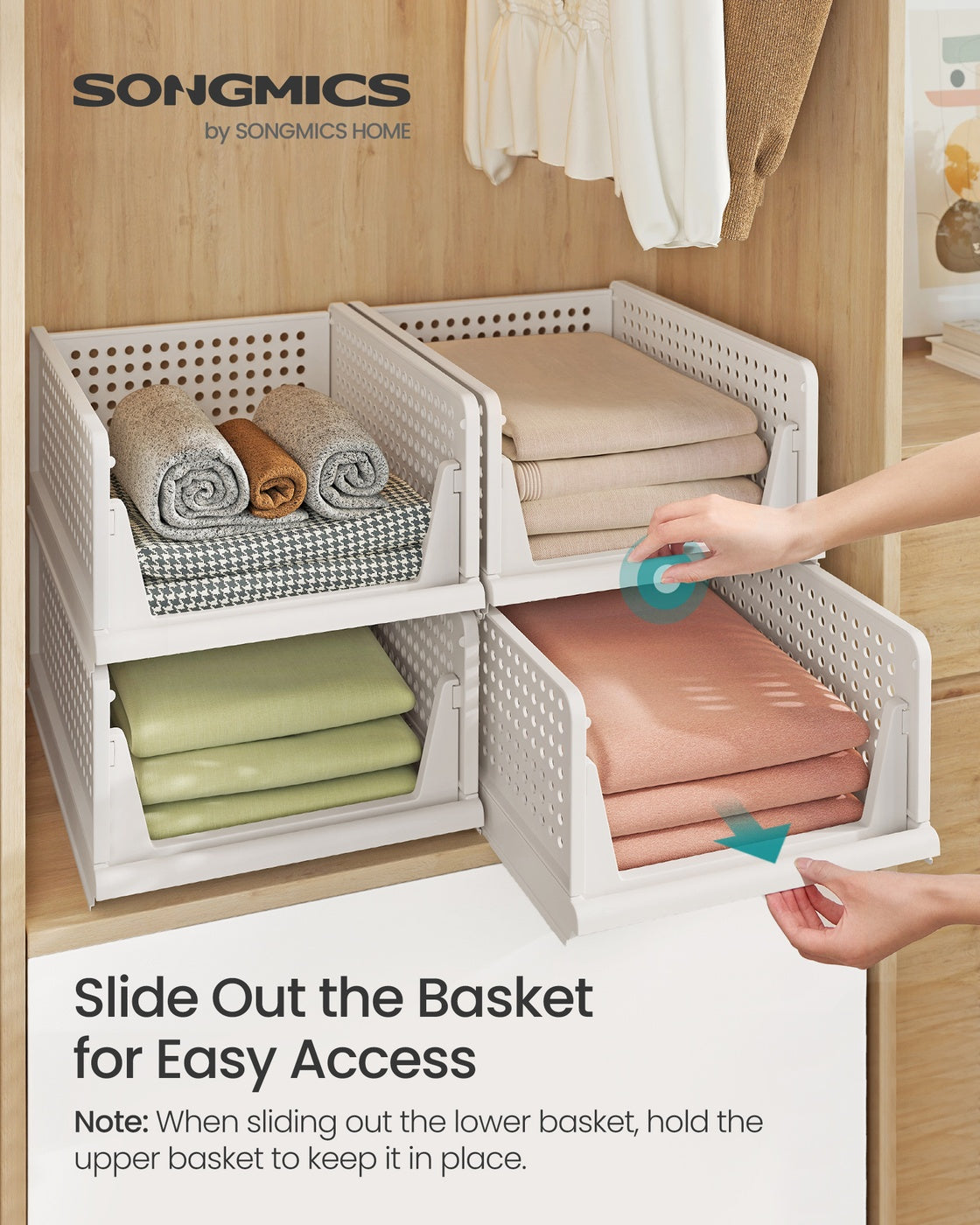 Stackable Storage Baskets - Fabric - White - Foldable and Organizational Set of 4