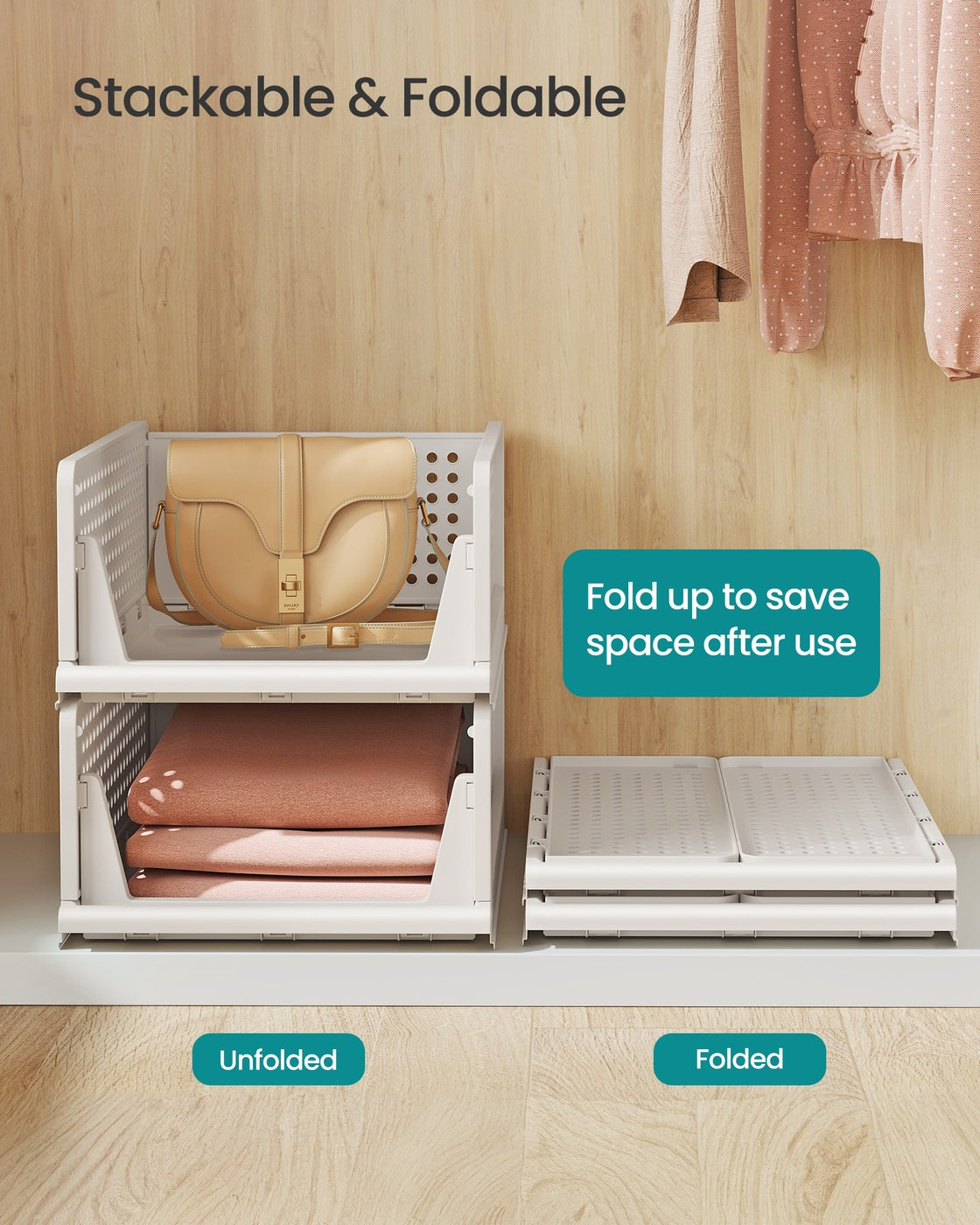 Stackable Storage Baskets - Fabric - White - Foldable and Organizational Set of 4