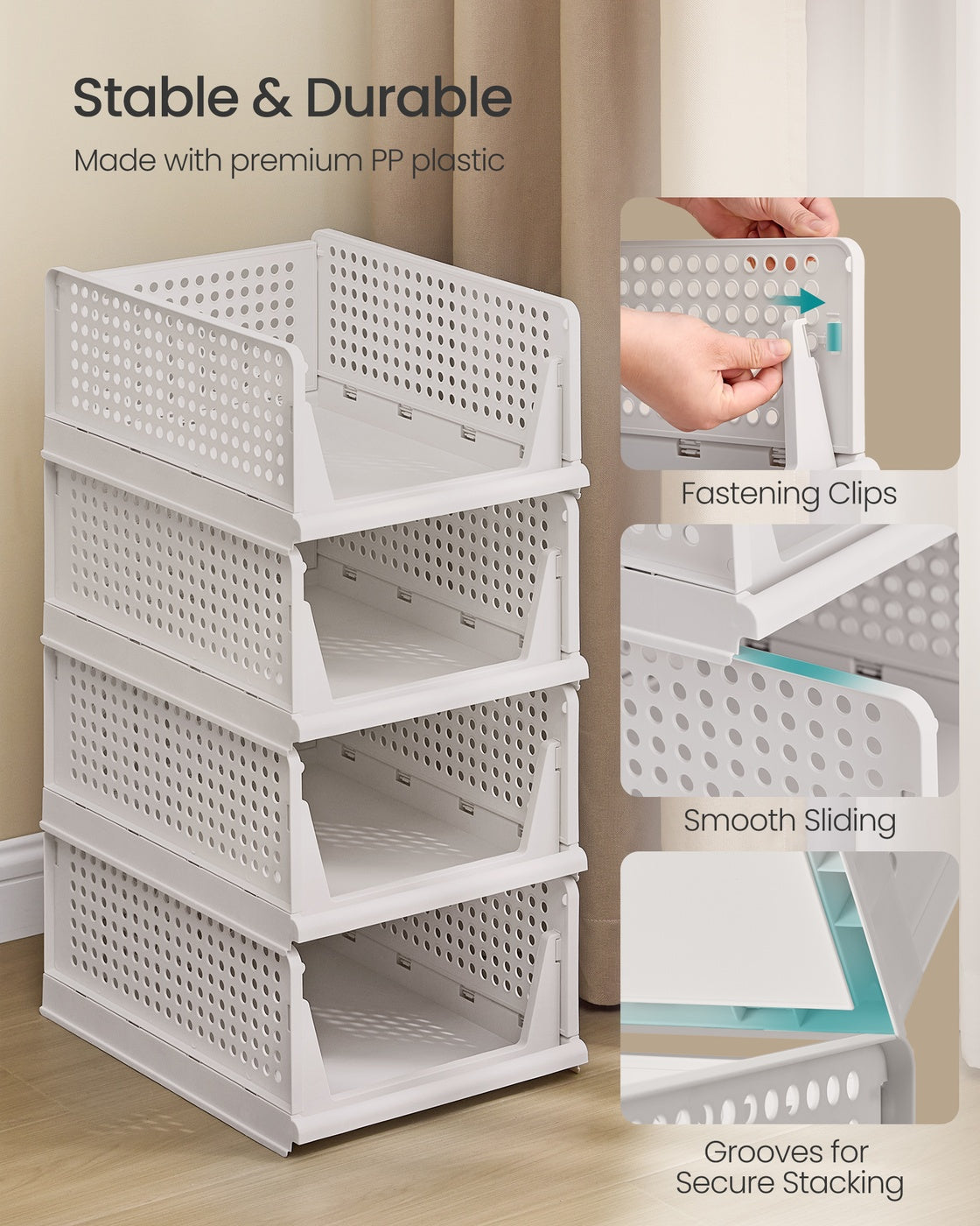 Stackable Storage Baskets - Fabric - White - Foldable and Organizational Set of 4