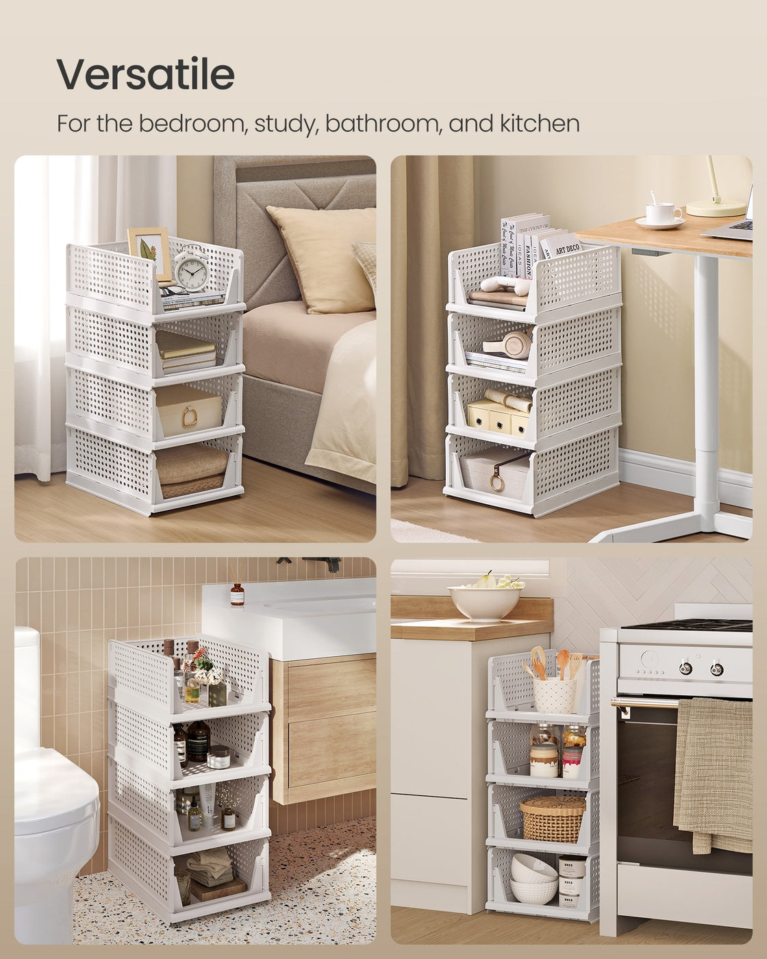 Stackable Storage Baskets - Fabric - White - Foldable and Organizational Set of 4