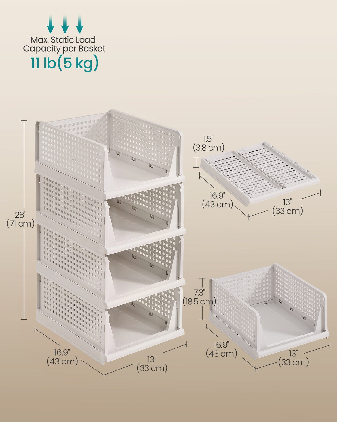 Stackable Storage Baskets - Fabric - White - Foldable and Organizational Set of 4