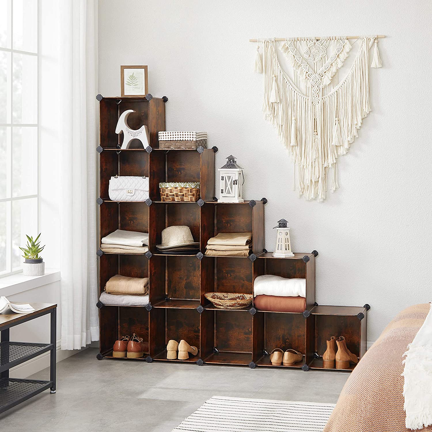 16-Cube Storage Organizer - PP Plastic - Rustic Brown - Stackable DIY Shelving System