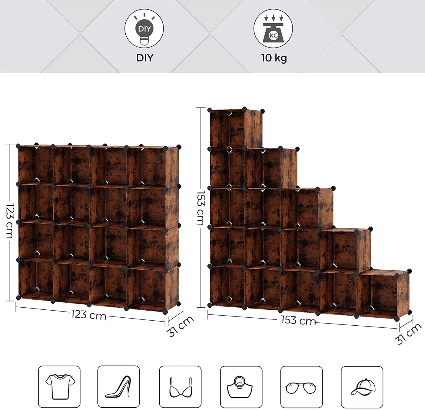 16-Cube Storage Organizer - PP Plastic - Rustic Brown - Stackable DIY Shelving System