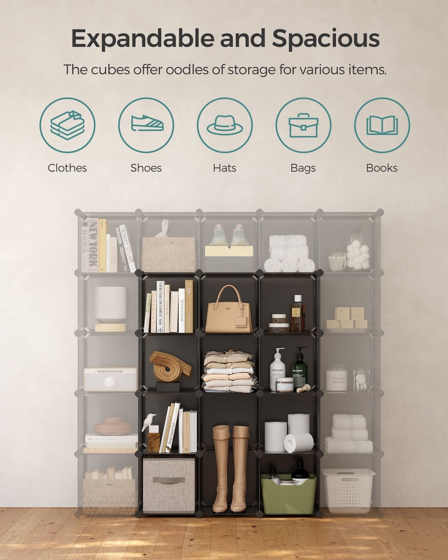 Cube Storage Organiser - 16 Stackable Cubes - PP Plastic - Slate Grey