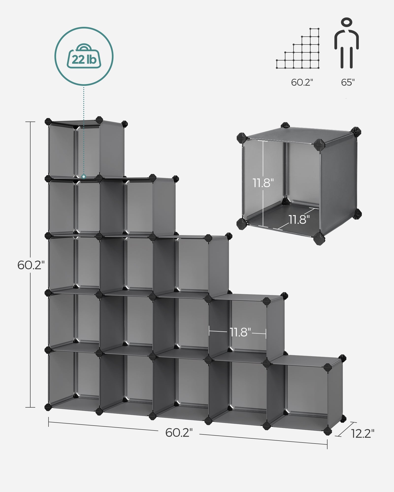Cube Storage Organiser - 16 Stackable Cubes - PP Plastic - Slate Grey