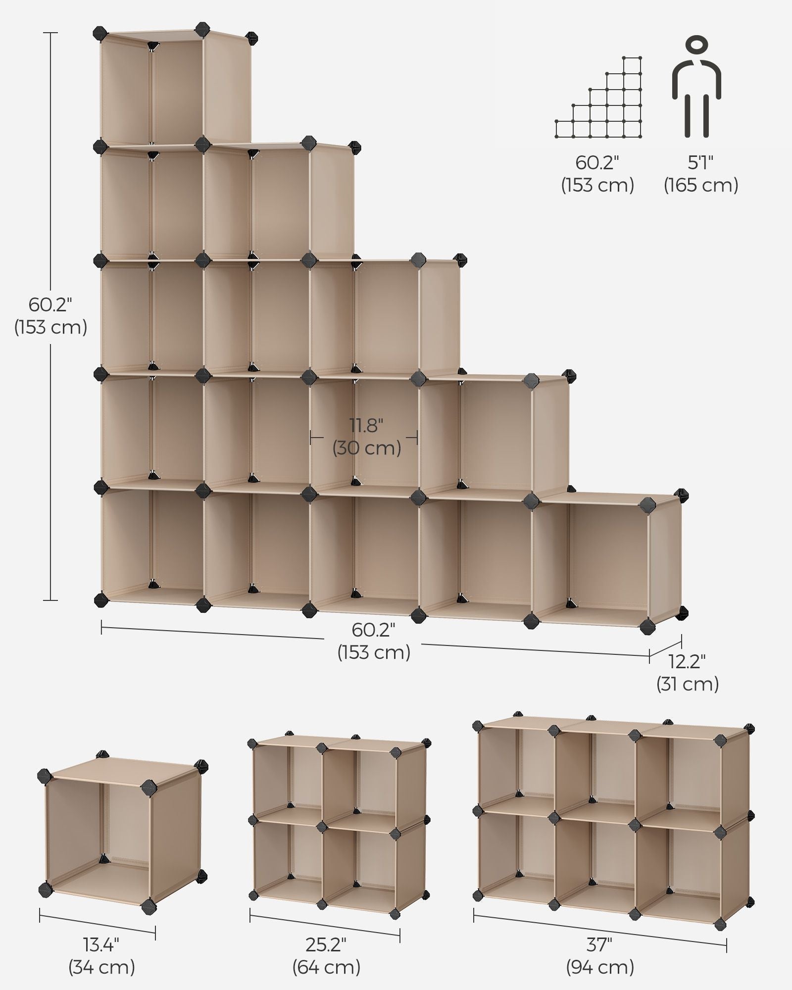 16-Cube Storage Unit - PP Plastic - Camel Brown - Stackable and Versatile Shelving System