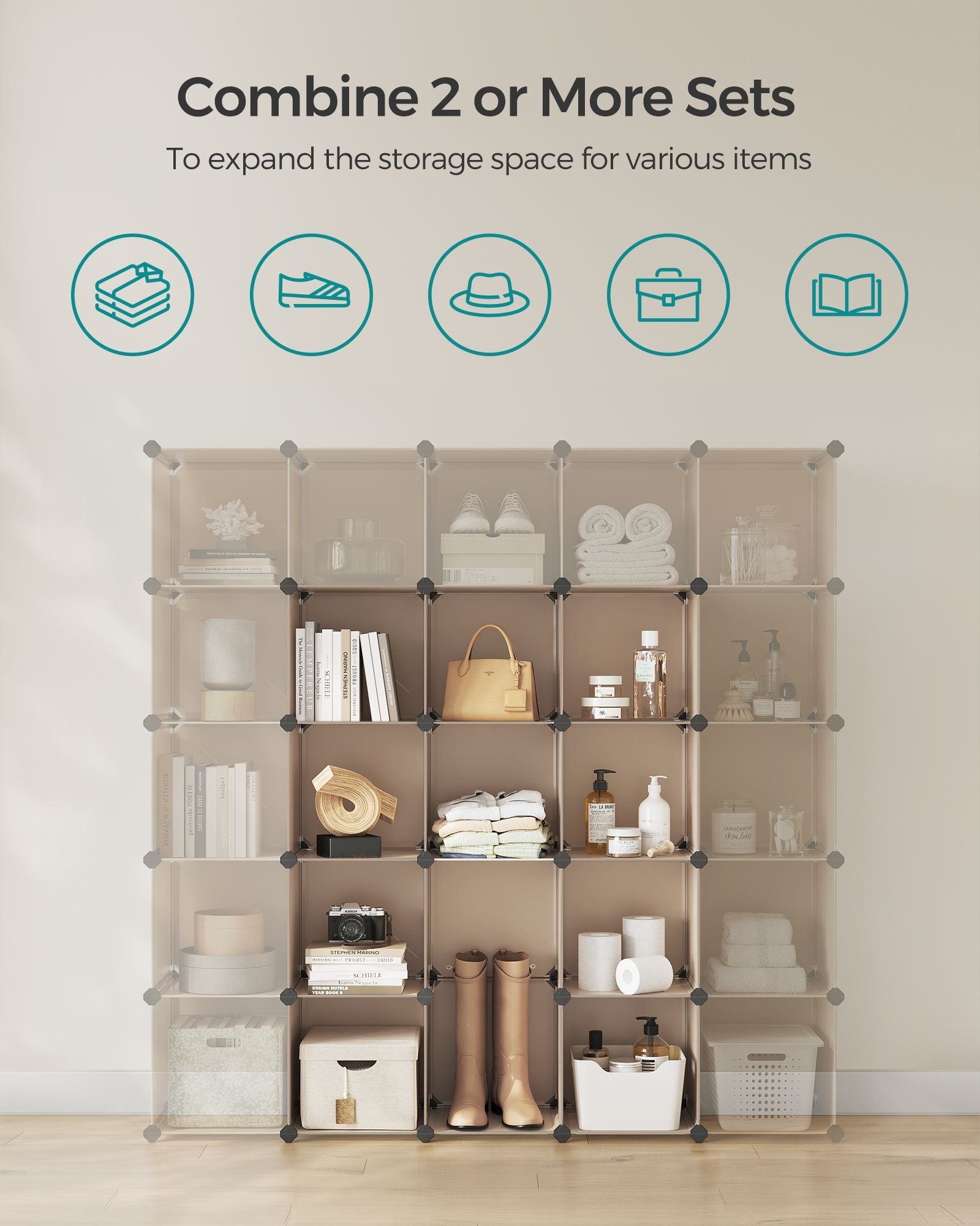 16-Cube Storage Unit - PP Plastic - Camel Brown - Stackable and Versatile Shelving System