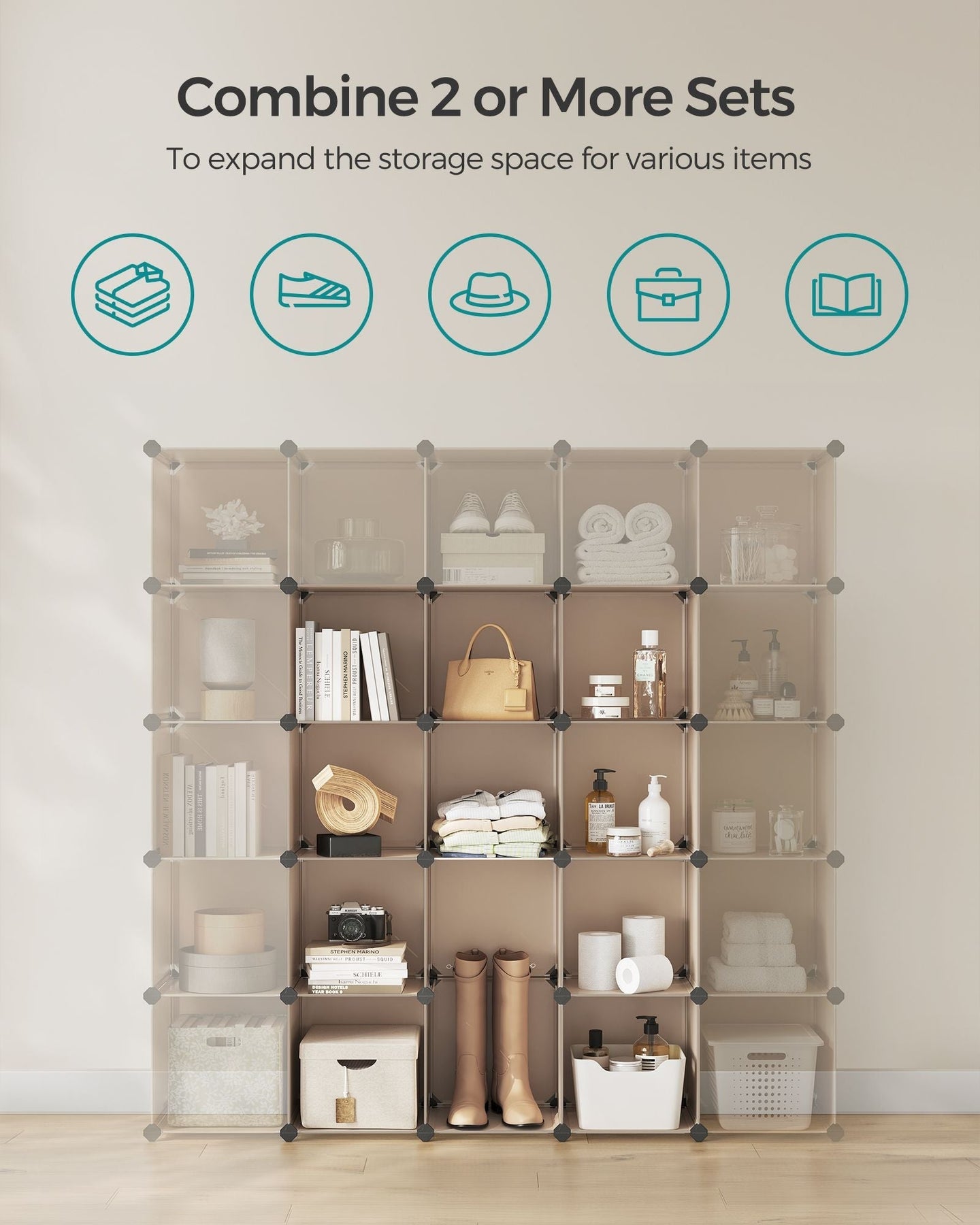16-Cube Storage Unit - PP Plastic - Camel Brown - Stackable and Versatile Shelving System