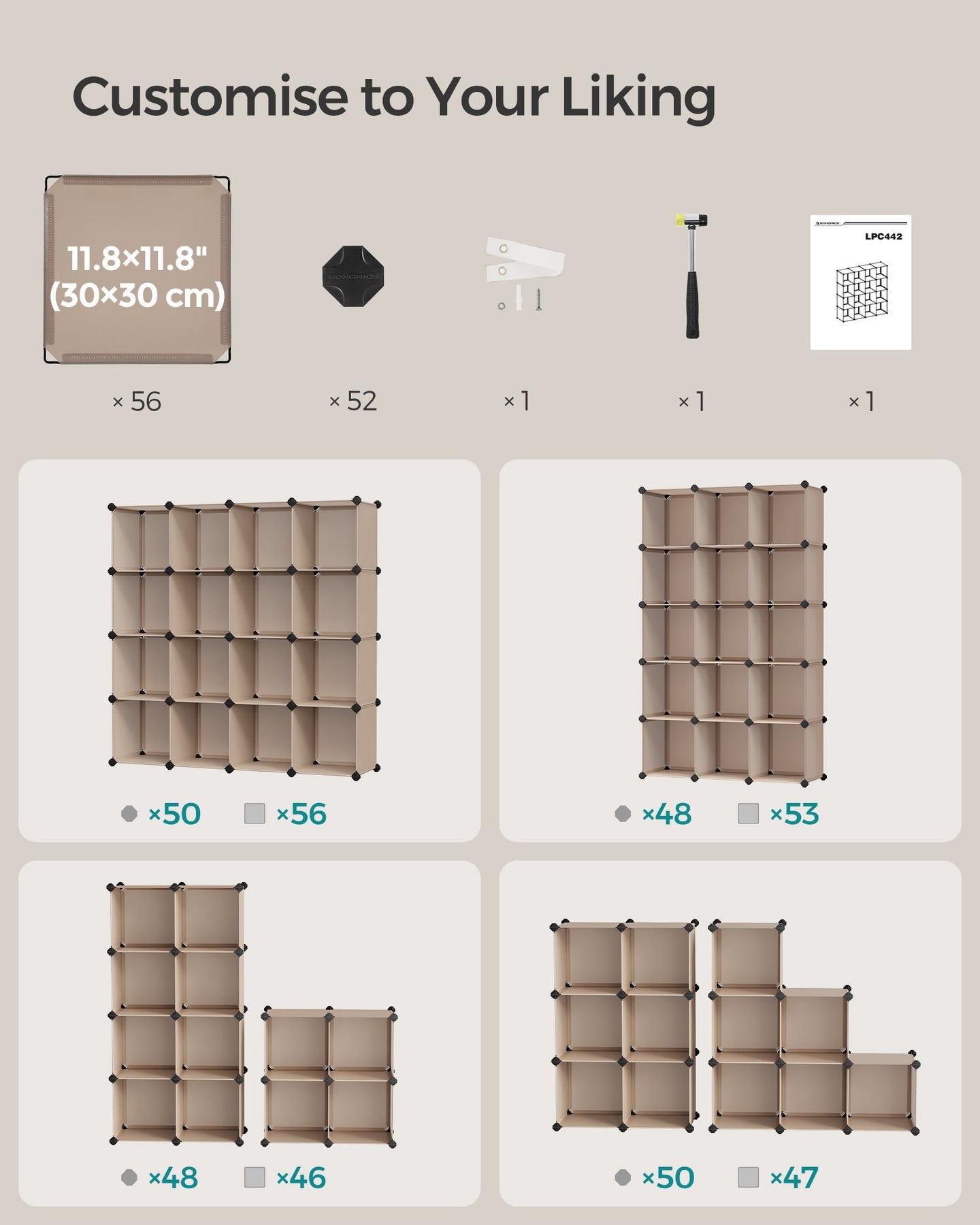 16-Cube Storage Unit - PP Plastic - Camel Brown - Stackable and Versatile Shelving System
