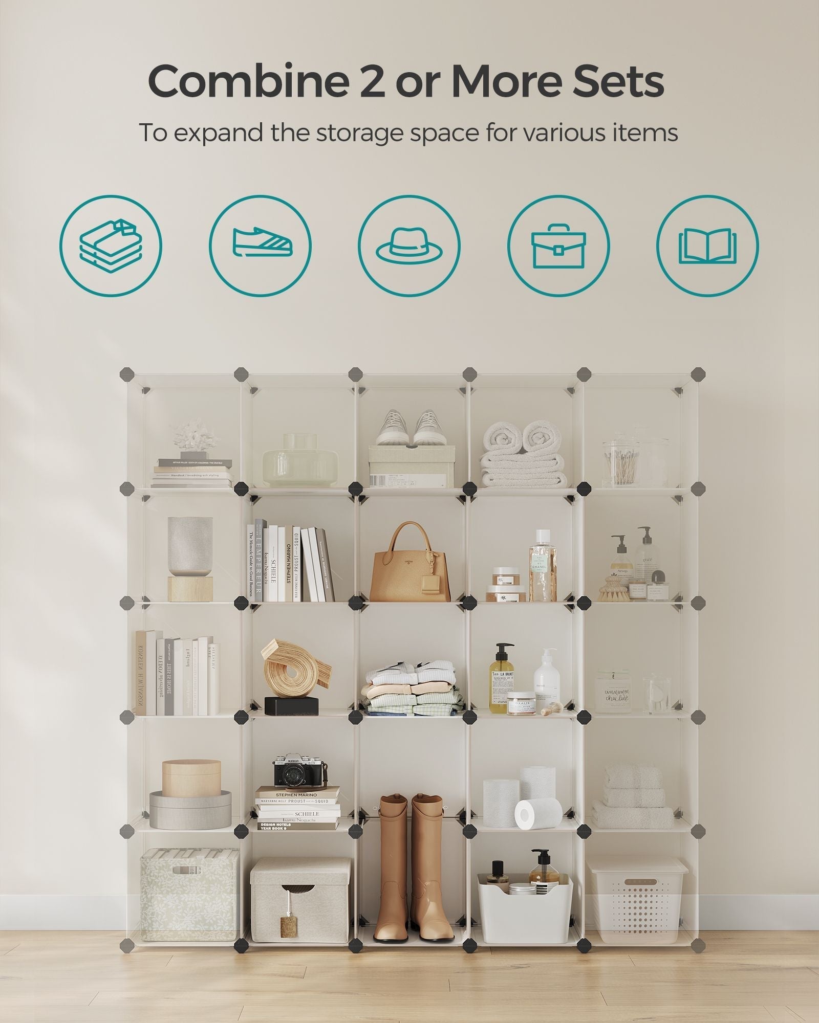 16-Cube Storage Unit - PP Plastic - Cream White - Stackable and Customizable Design
