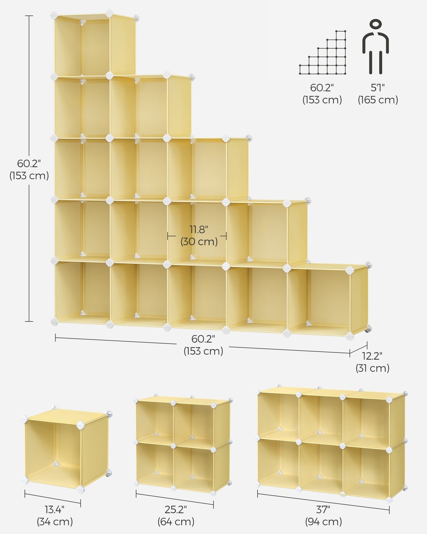 16-Cube Storage Unit - PP Plastic - Goose Yellow - Stackable and Versatile Shelving System