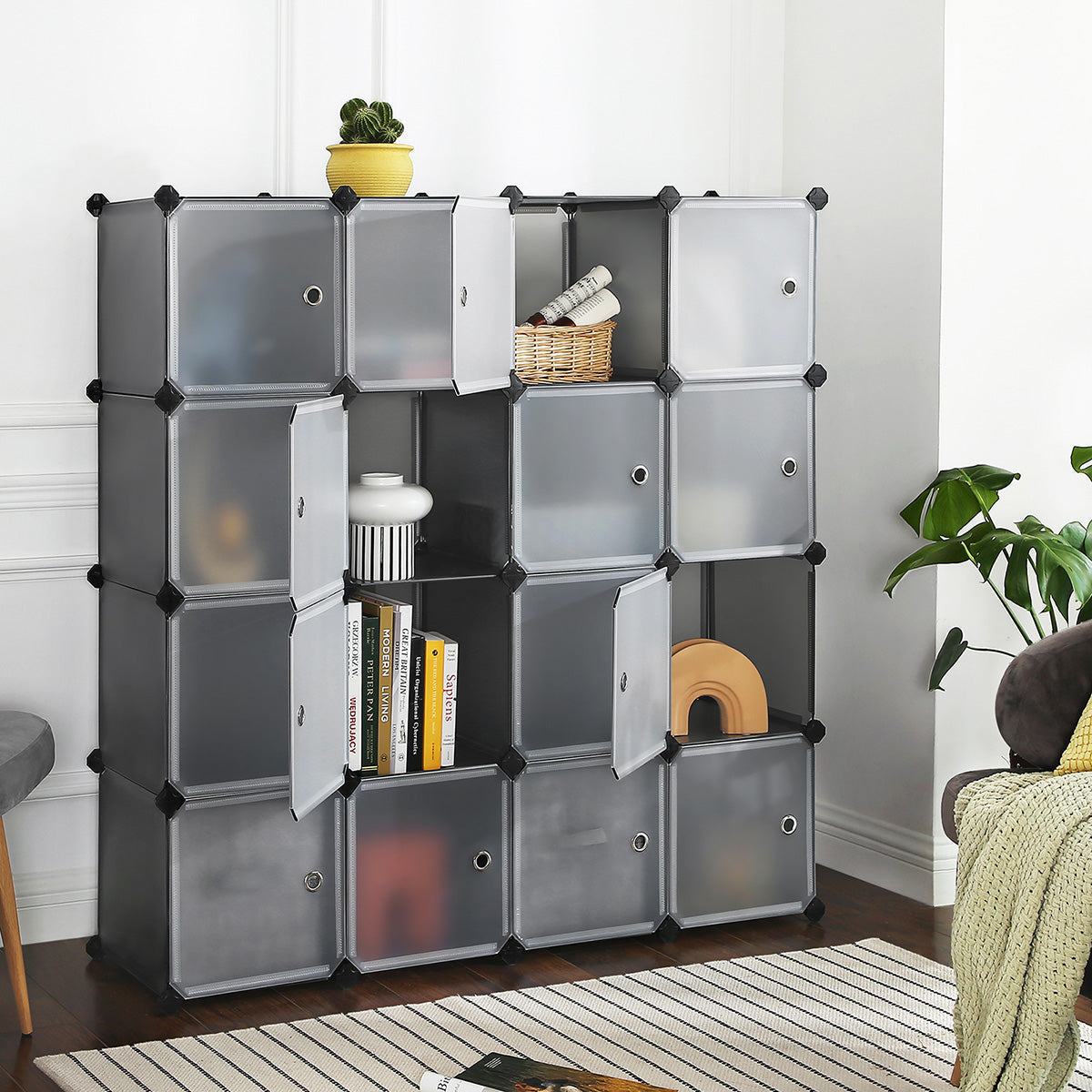 Cube Storage Organiser - Plastic - Grey - 15-Cube Design with Doors