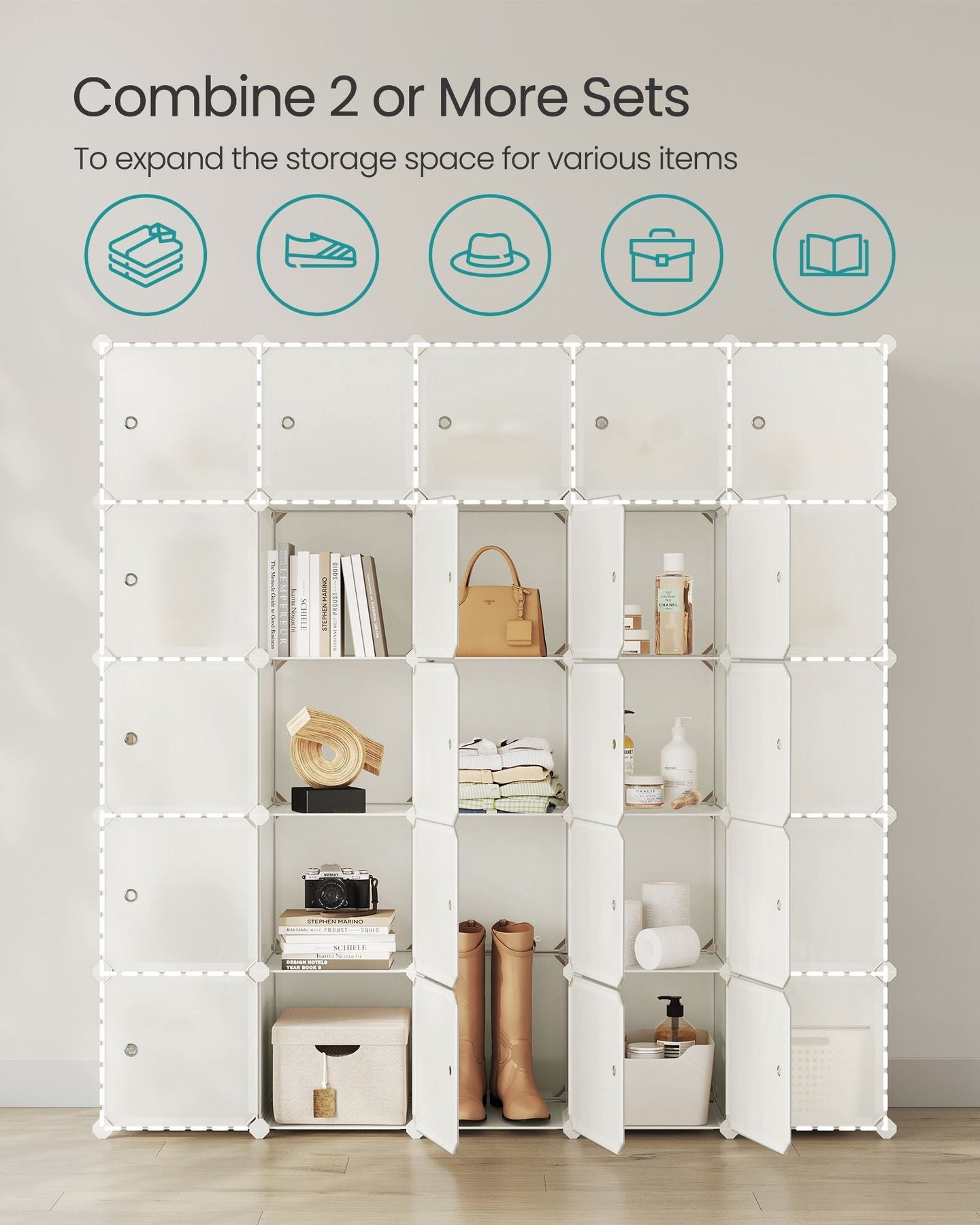16-Cube Plastic Stackable Storage Unit - Cream White - Multi-Functional Organizer for Clothes