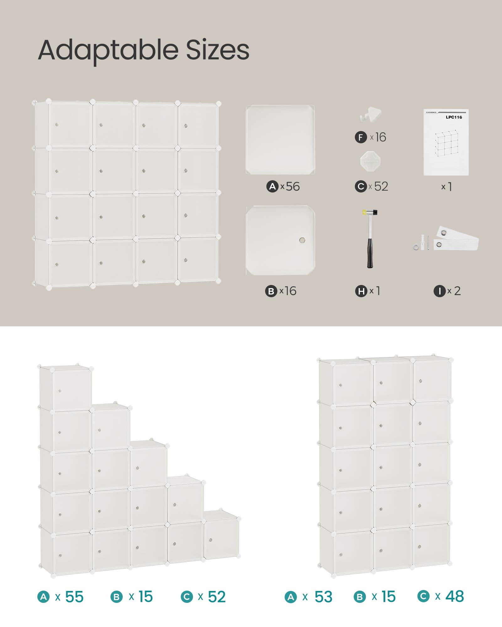 16-Cube Plastic Stackable Storage Unit - Cream White - Multi-Functional Organizer for Clothes
