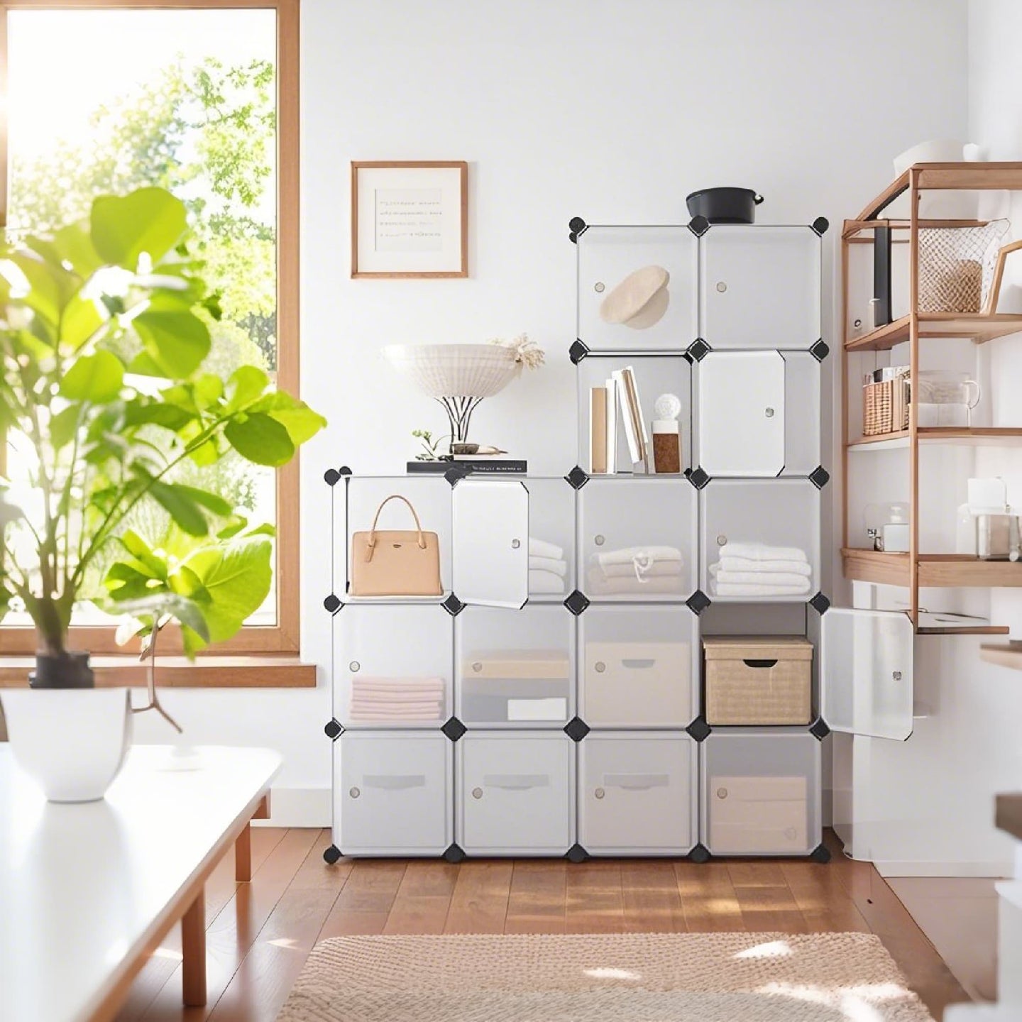 Storage Unit - Plastic - Black - 16-Cube Rack with Doors