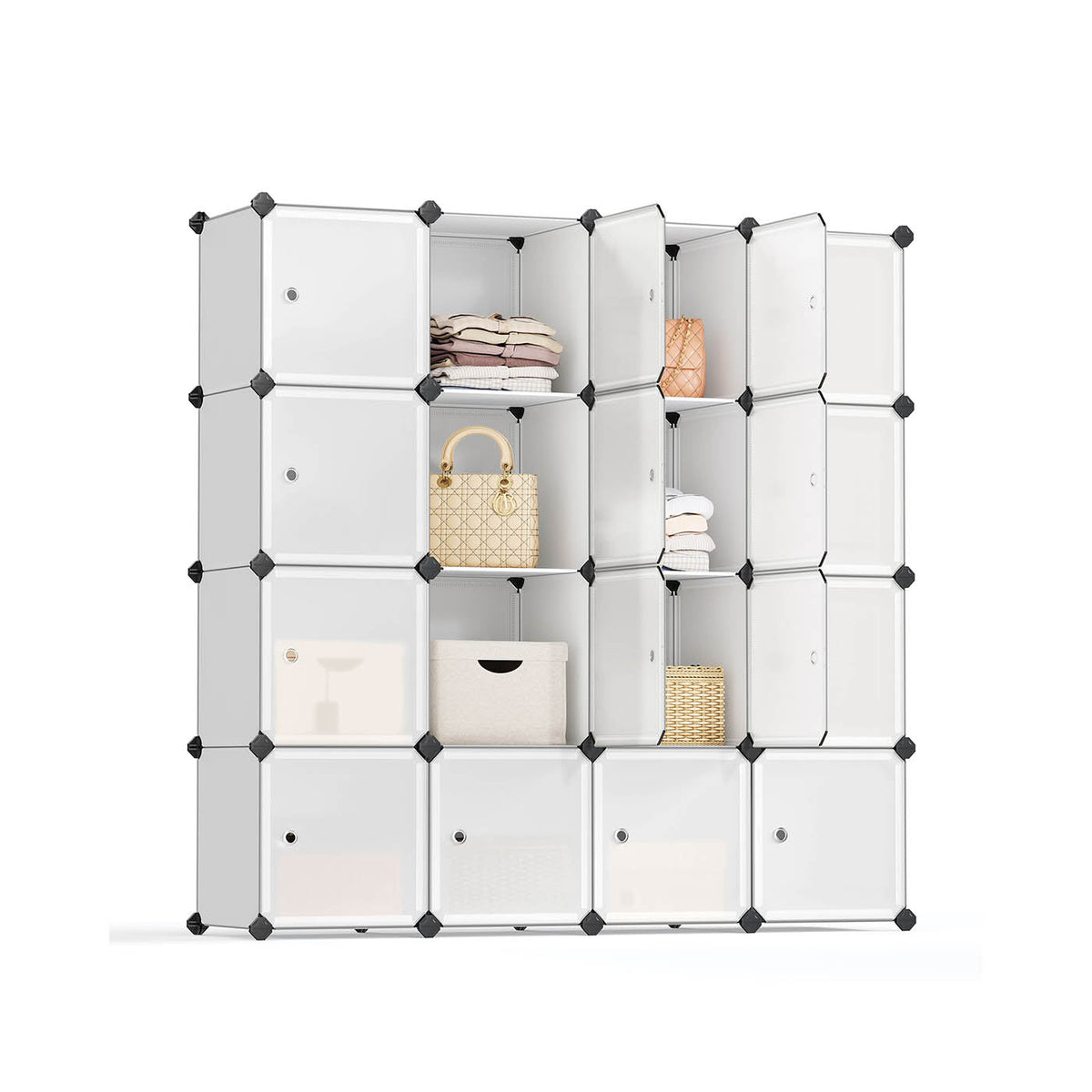 16 Cube Storage Organiser - Plastic - White - Easy to Assemble with Doors
