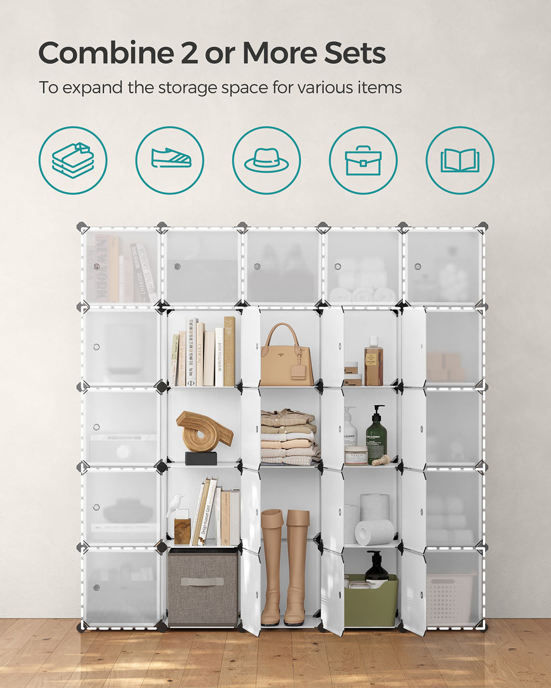 16 Cube Storage Organiser - Plastic - White - Easy to Assemble with Doors