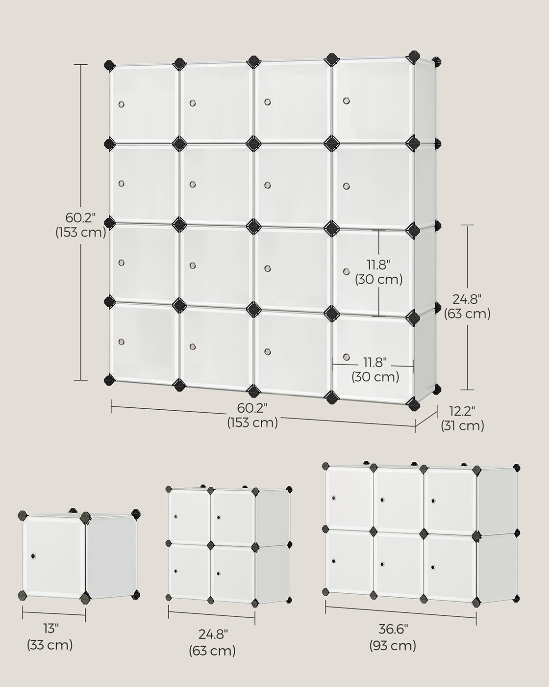 16 Cube Storage Organiser - Plastic - White - Easy to Assemble with Doors