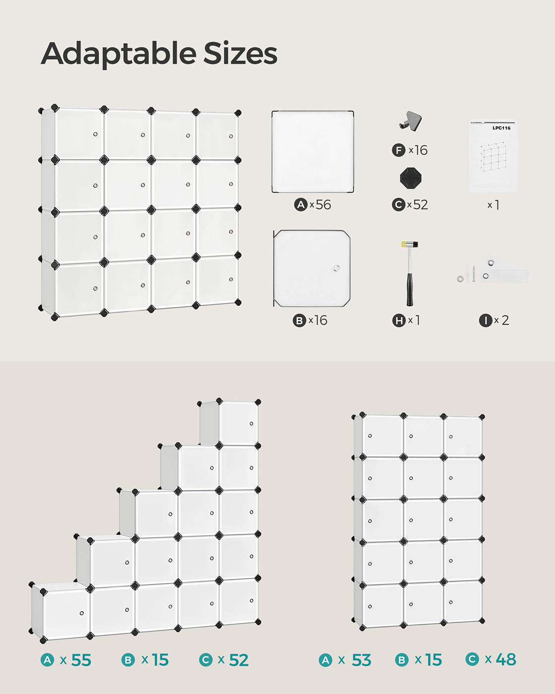 16 Cube Storage Organiser - Plastic - White - Easy to Assemble with Doors