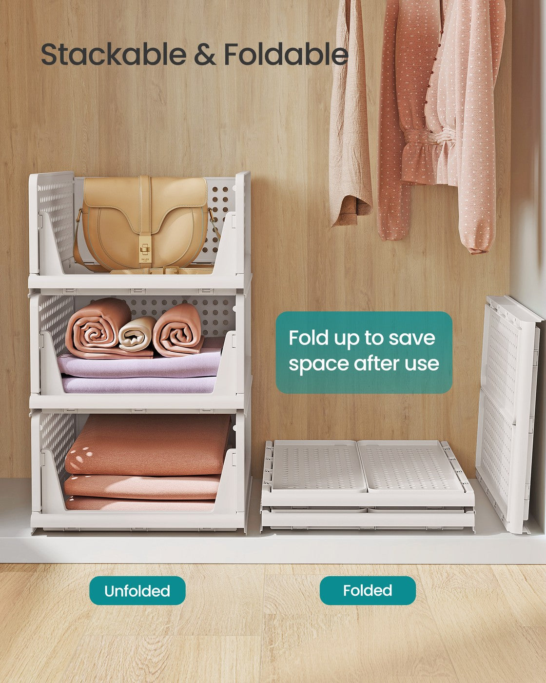 Stackable Storage Baskets - Fabric - White - Foldable and Organizational Set of 4