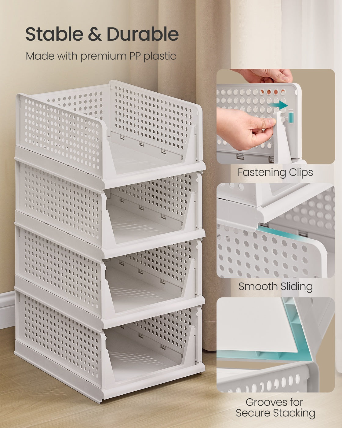 Stackable Storage Baskets - Fabric - White - Foldable and Organizational Set of 4