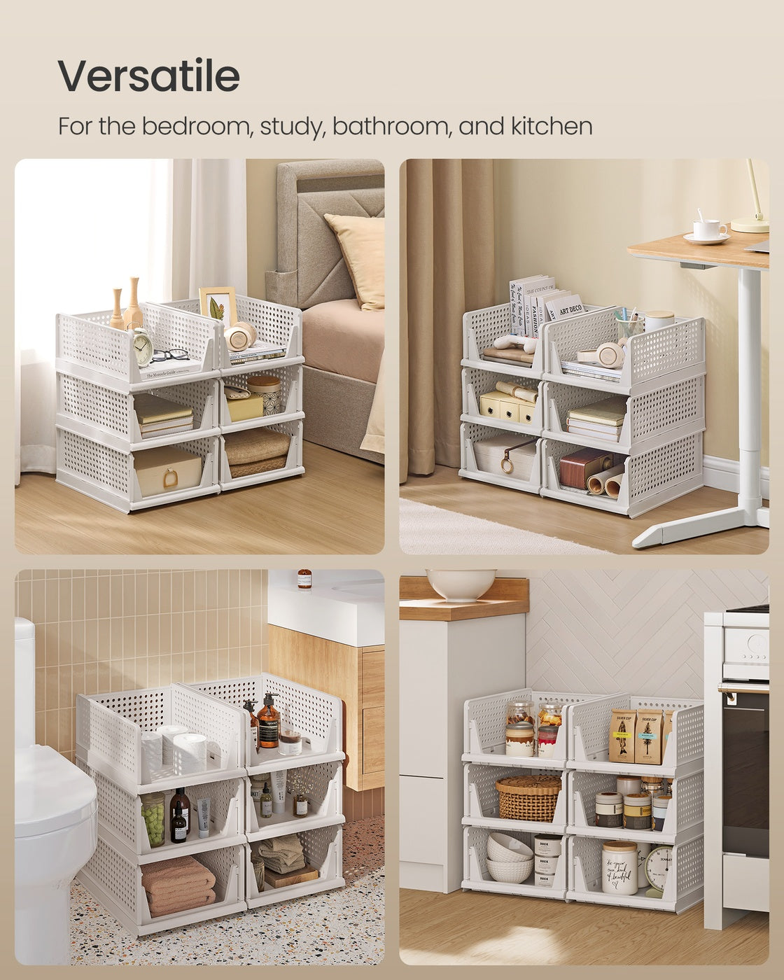 Stackable Storage Baskets - Fabric - White - Foldable and Organizational Set of 4