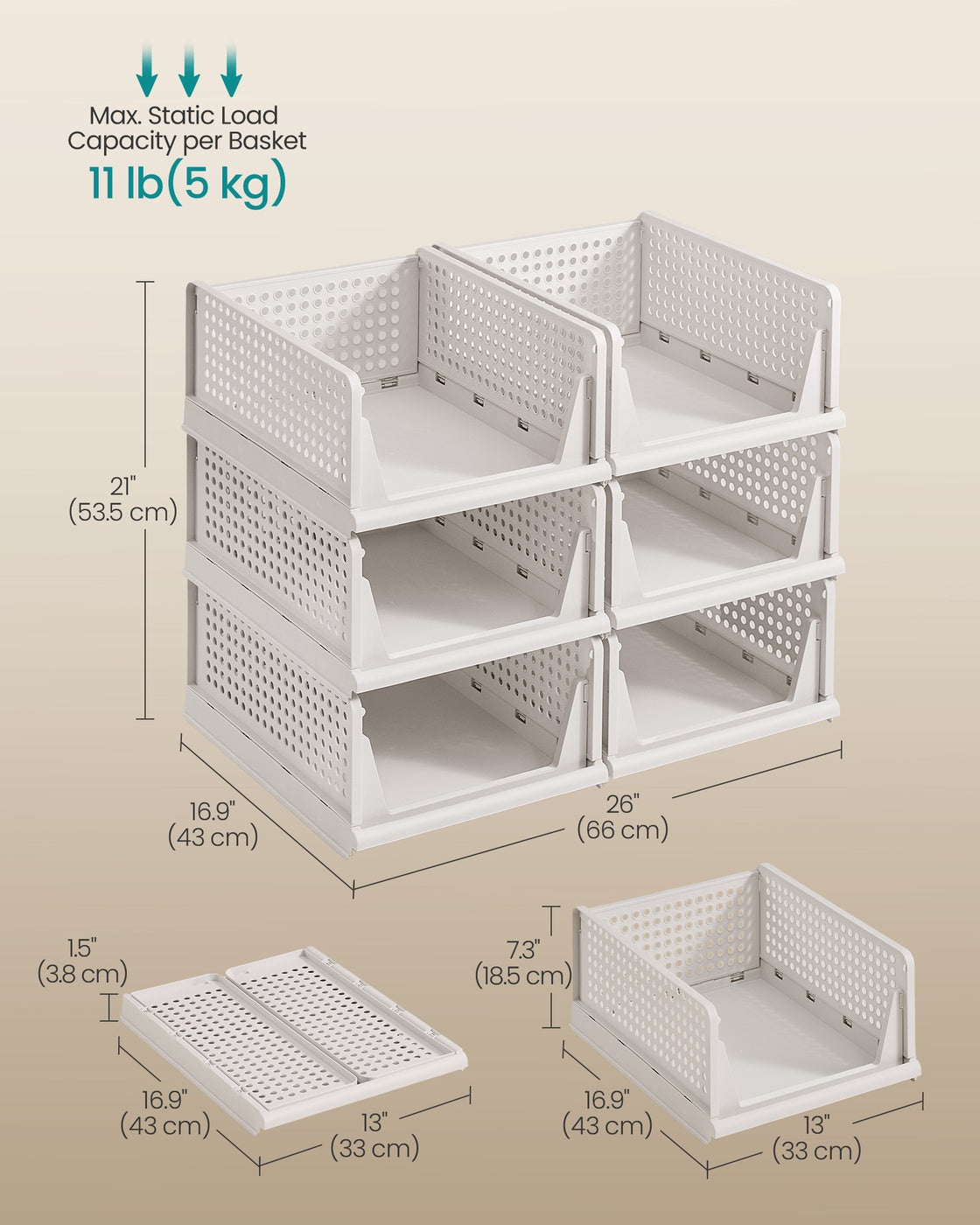 Stackable Storage Baskets - Fabric - White - Foldable and Organizational Set of 4
