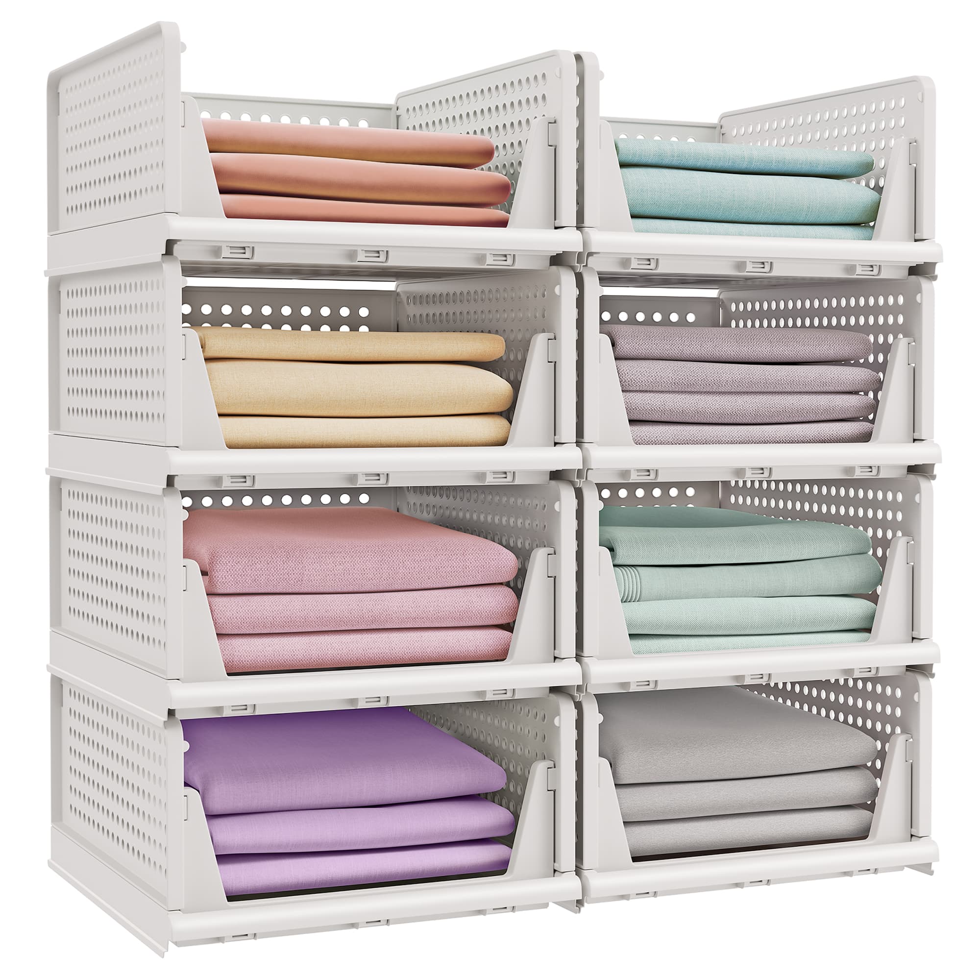 Stackable Storage Baskets - Fabric - White - Foldable and Organizational Set of 4