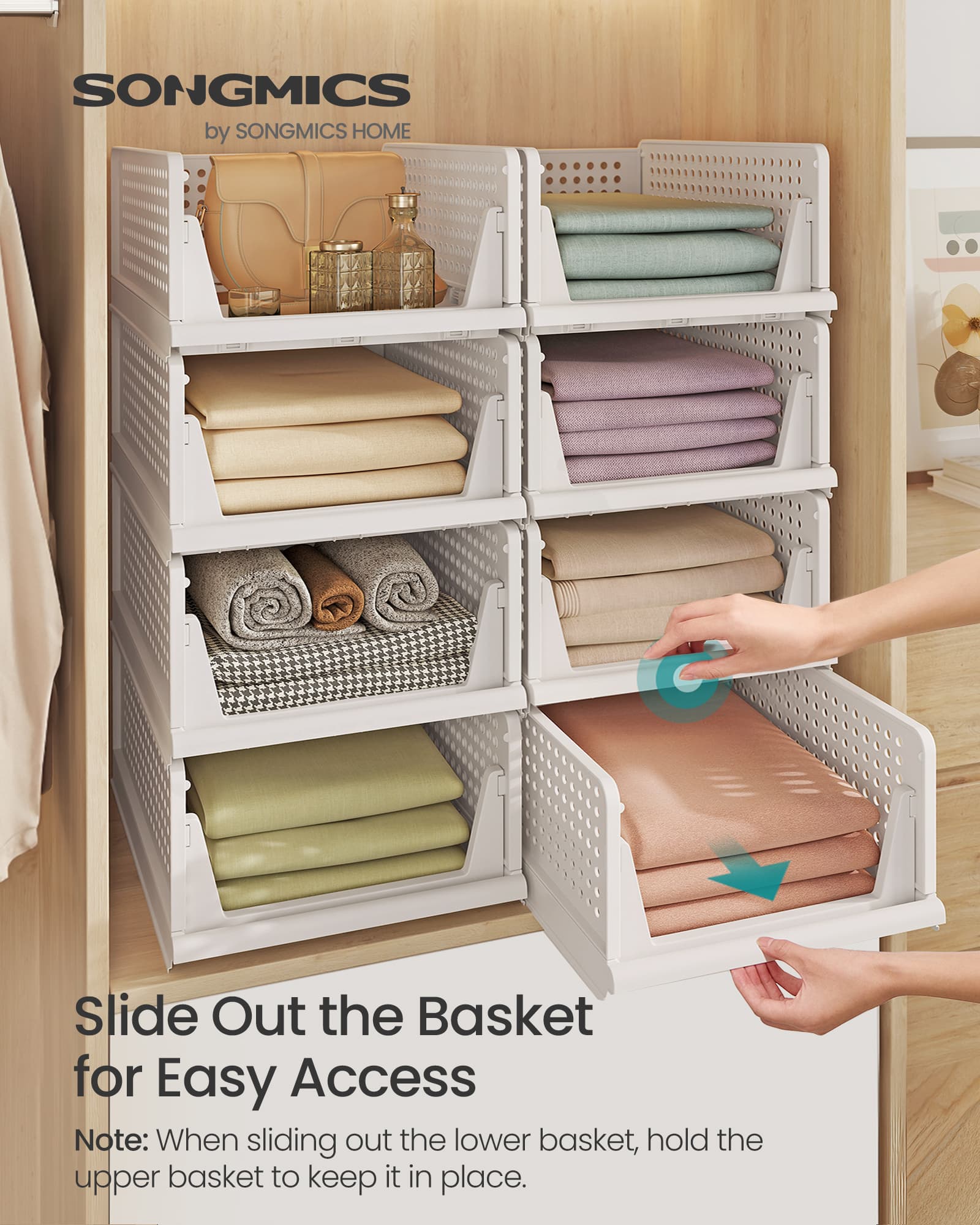 Stackable Storage Baskets - Fabric - White - Foldable and Organizational Set of 4