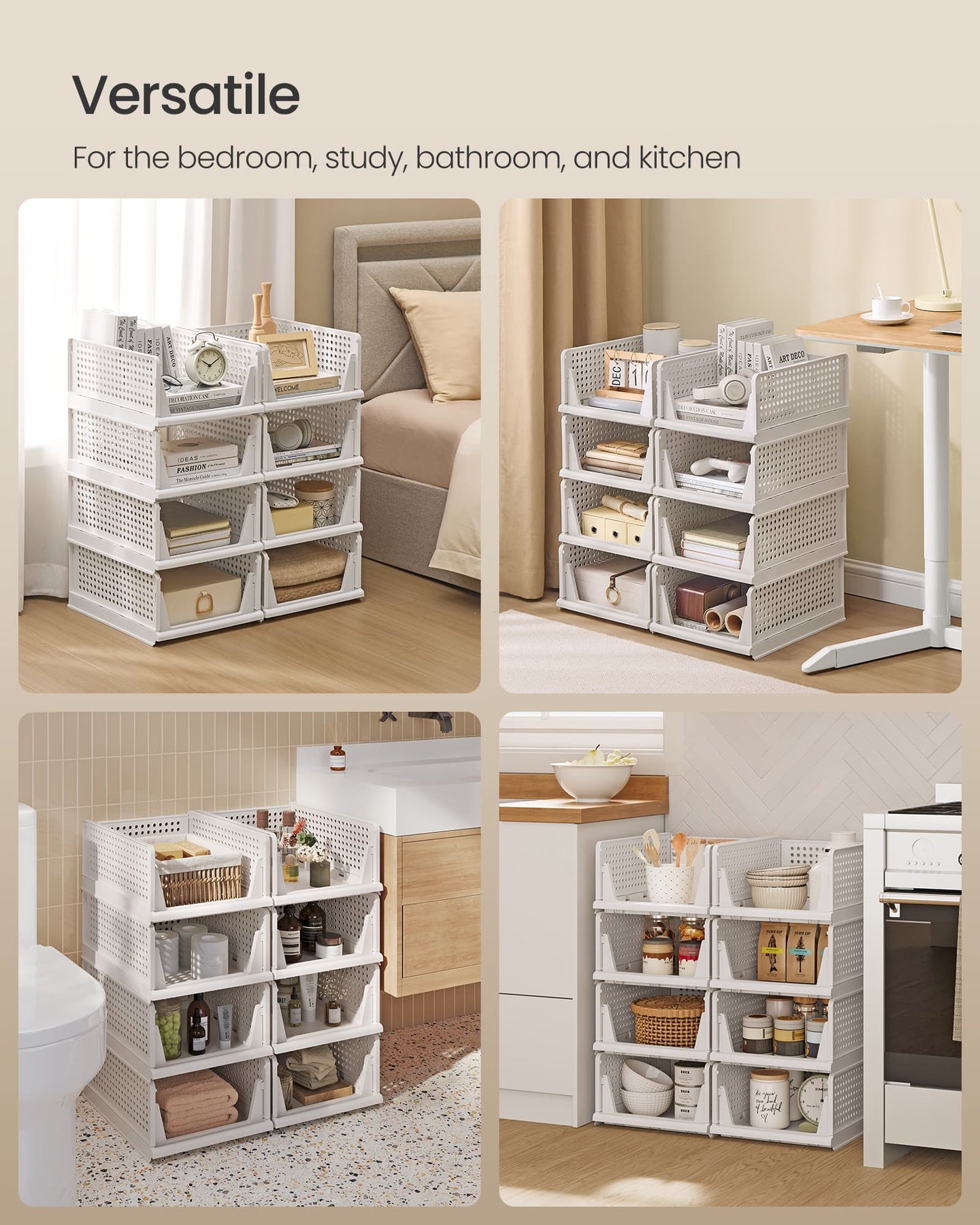 Stackable Storage Baskets - Fabric - White - Foldable and Organizational Set of 4