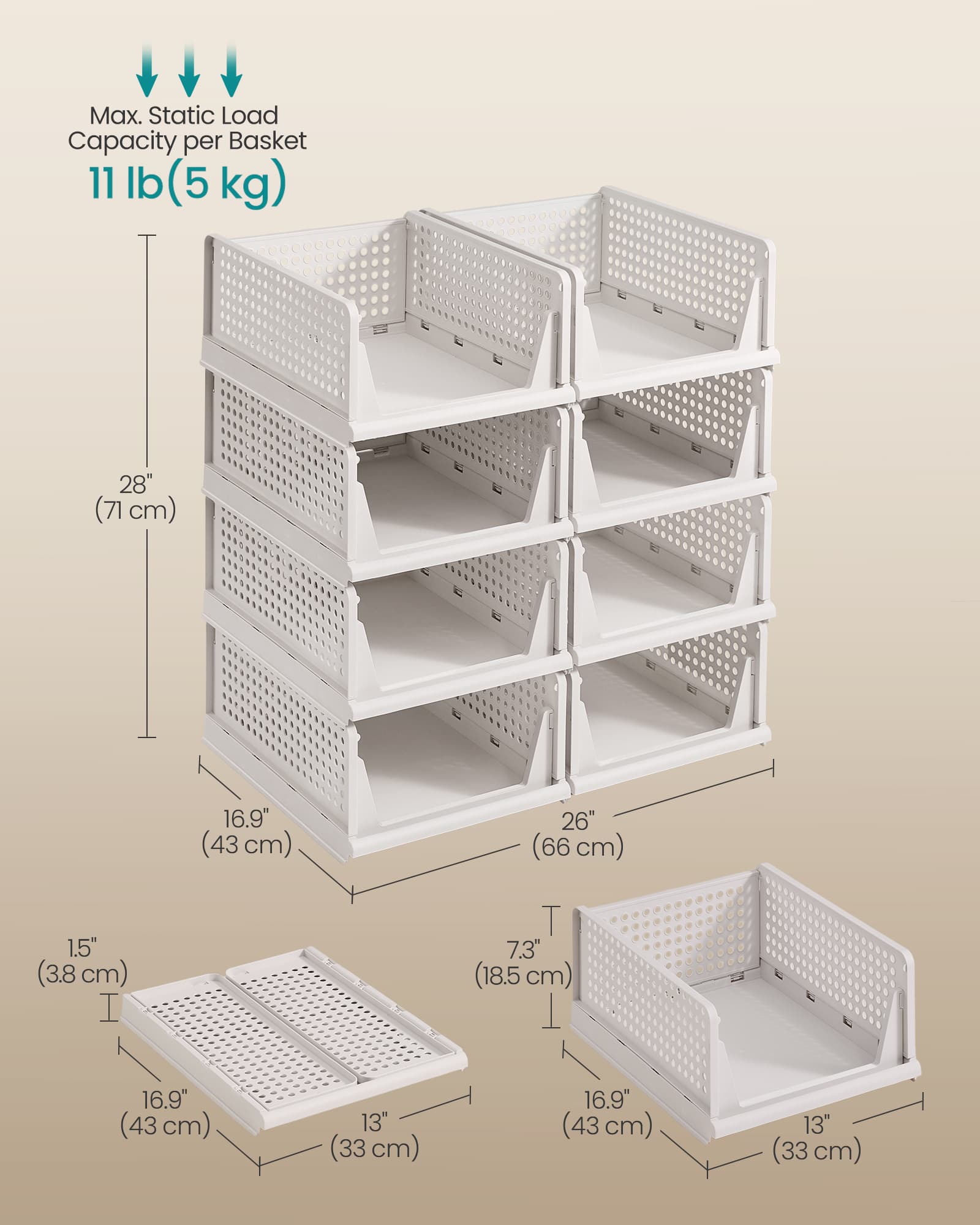 Stackable Storage Baskets - Fabric - White - Foldable and Organizational Set of 4