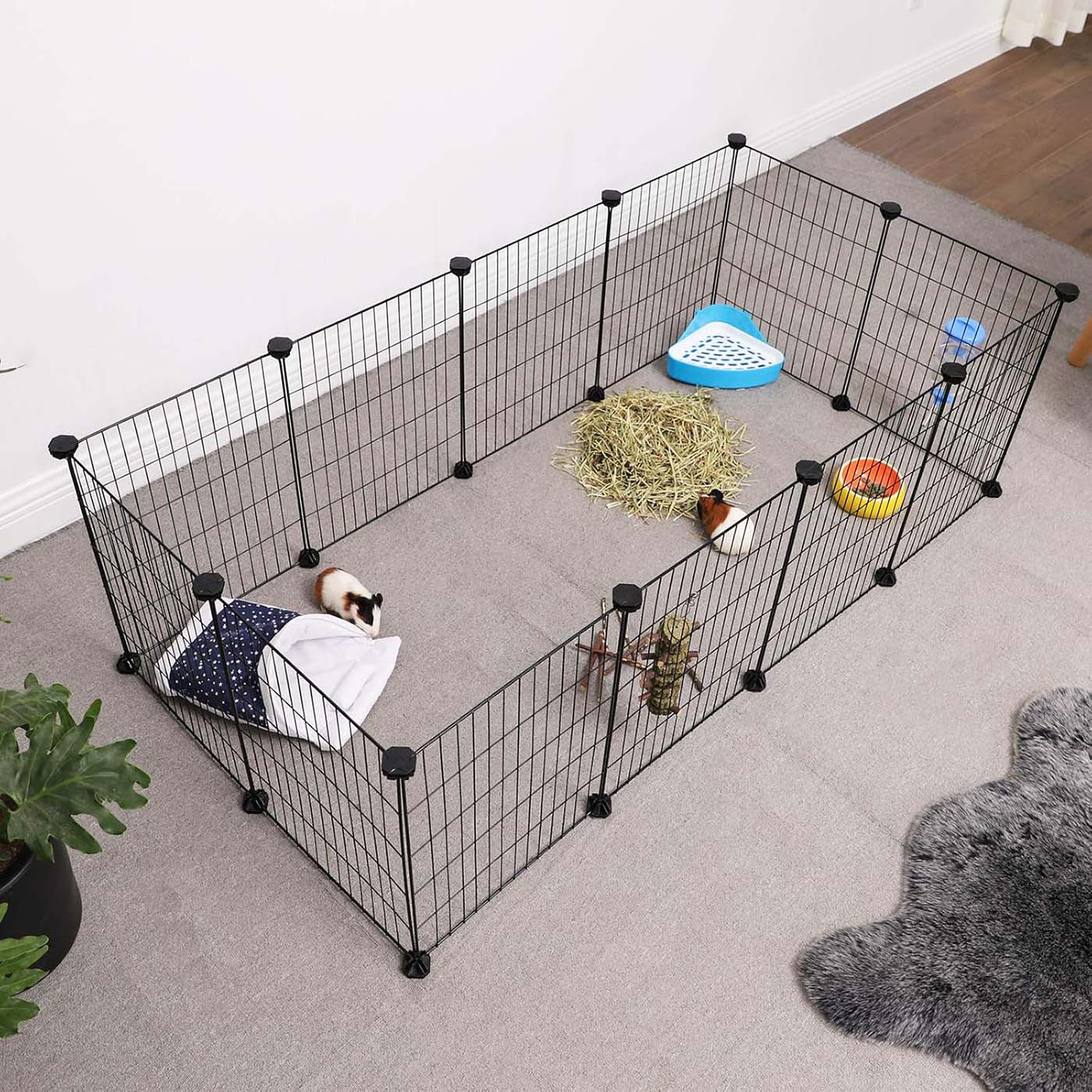 Guinea Pig Cage - Metal - Black - Modular 12-Panel Indoor Playpen with Assembly Tools
