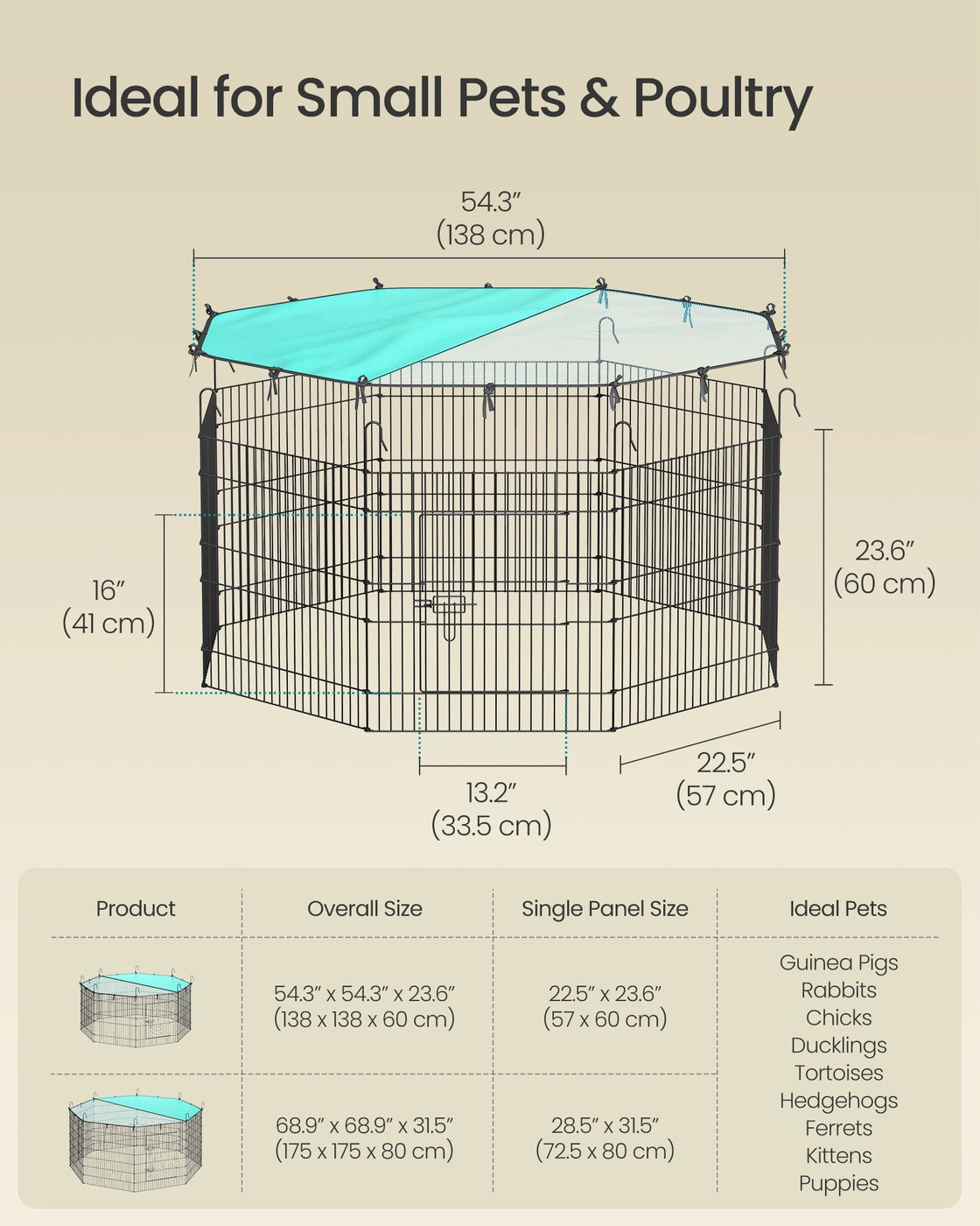 Small Animal Playpen - 138L - Metal - Roof