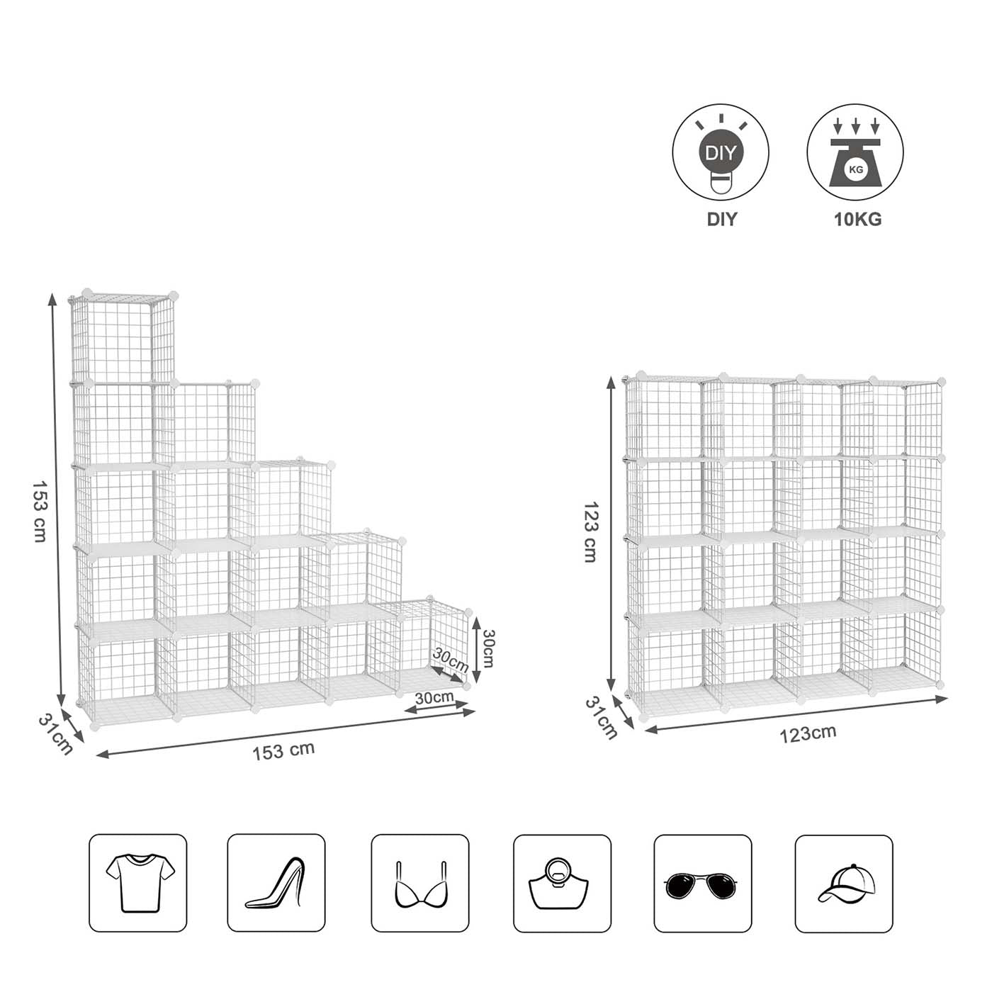 16 Cube Metal Wire Storage Organiser - White - Modular DIY Design