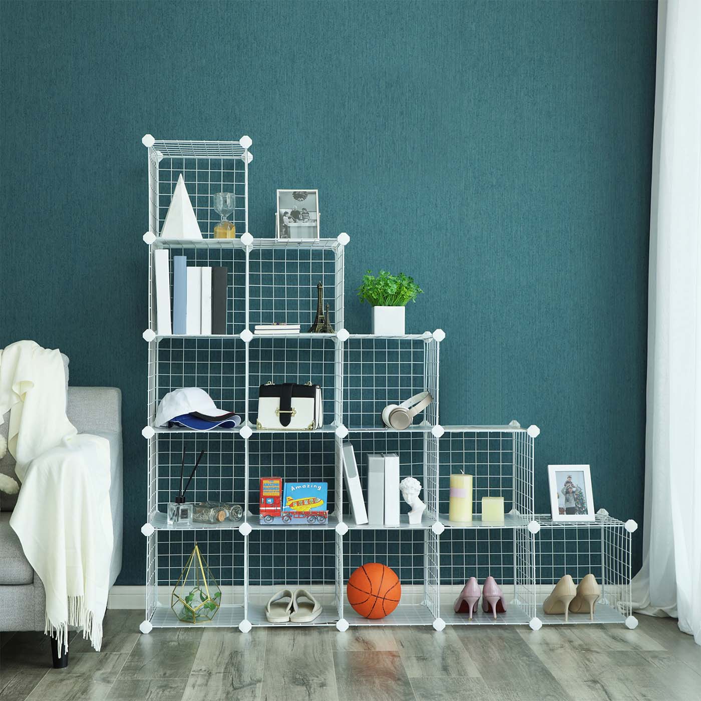 16 Cube Metal Wire Storage Organiser - White - Modular DIY Design