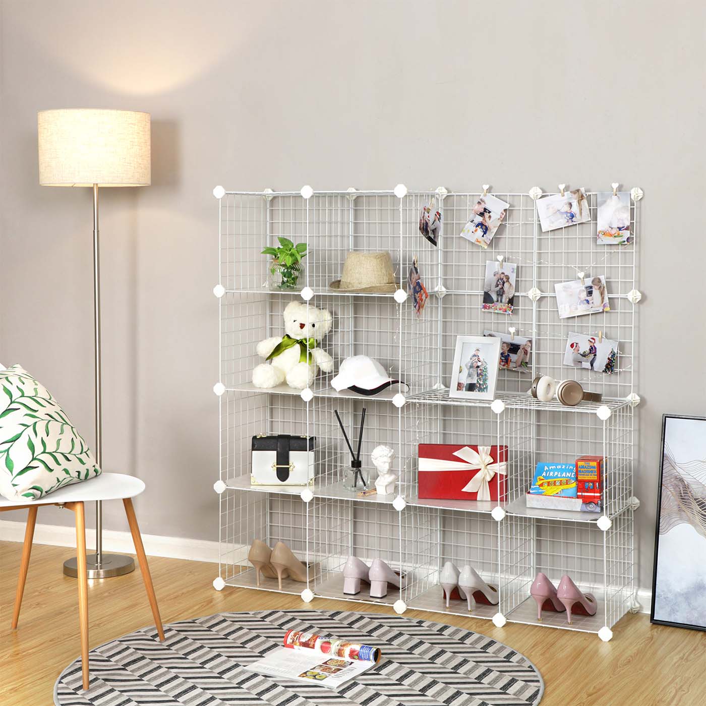 16 Cube Metal Wire Storage Organiser - White - Modular DIY Design