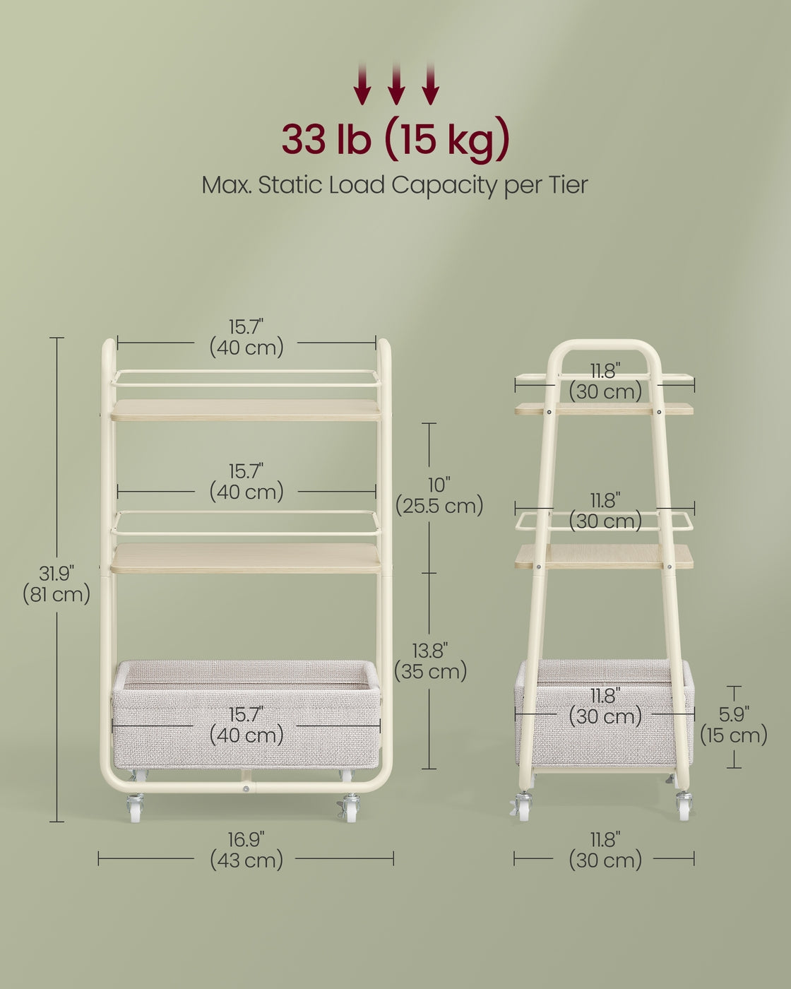 Storage Trolley - 31.9" - Particleboard - 3-Tier Rolling Design
