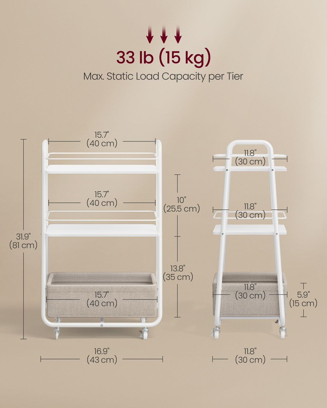 Storage Trolley - 30L - Particleboard - 3-Tier Rolling Design