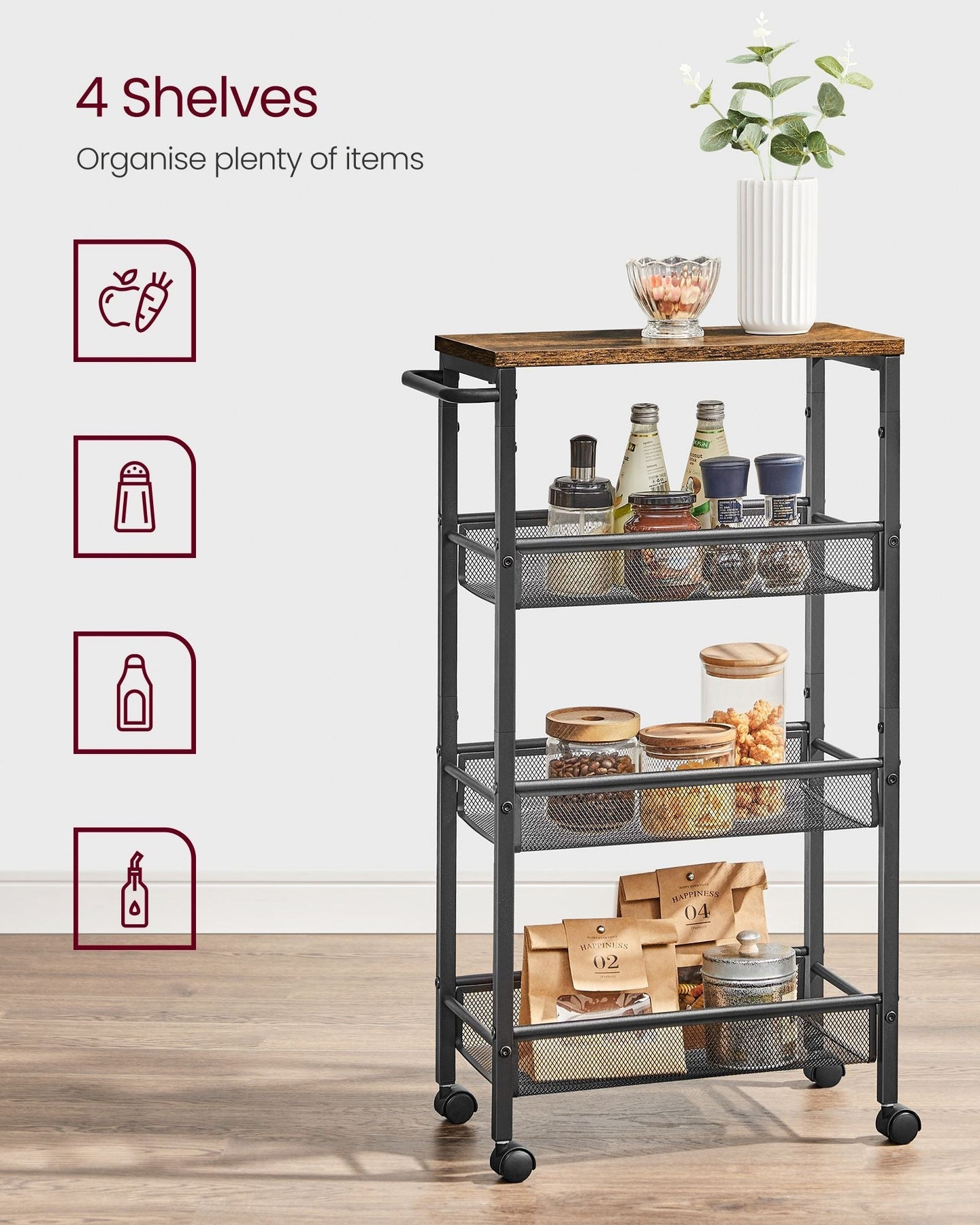 Kitchen Cart Trolley - Steel Frame - Black - Space-Saving with Wheels
