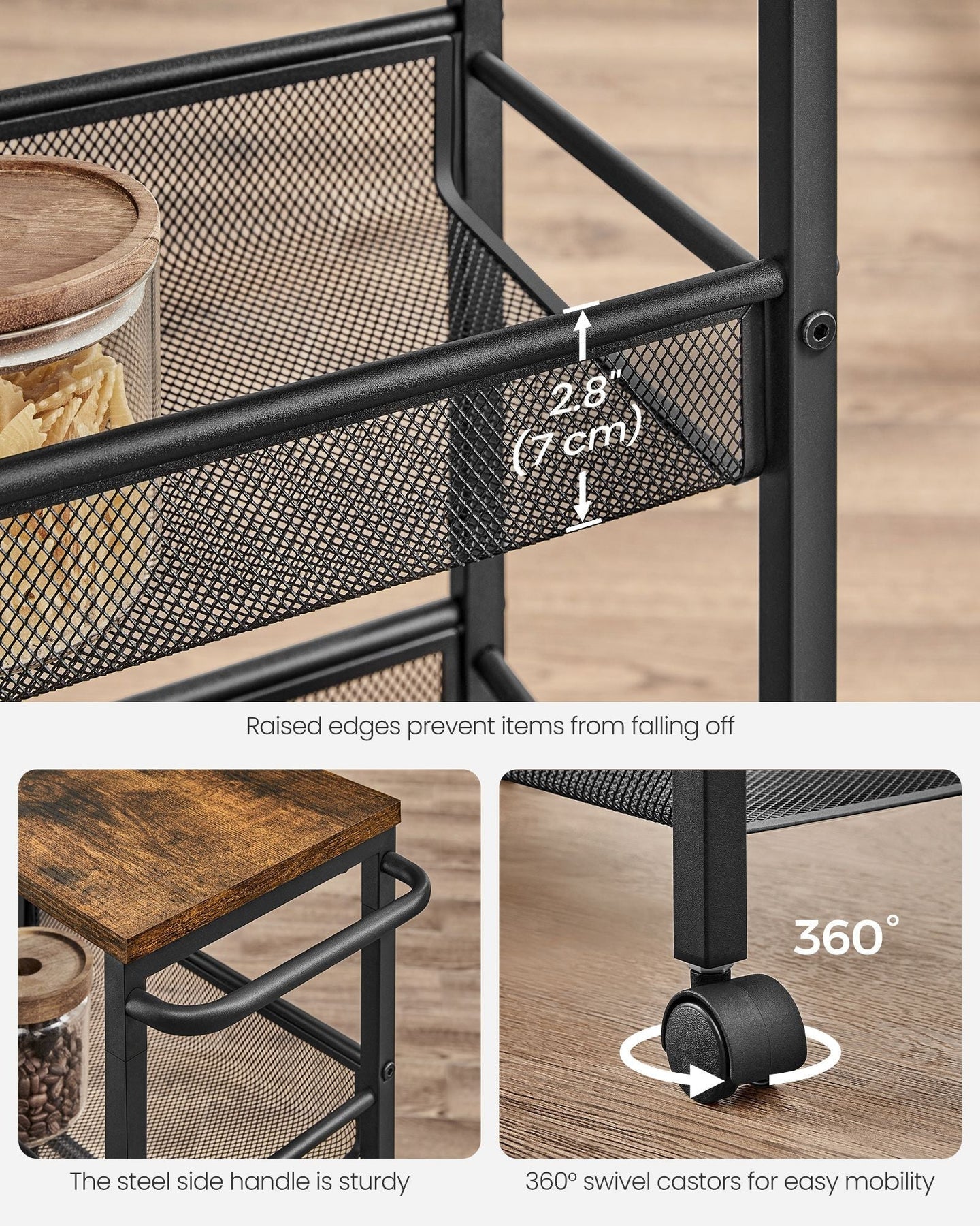 Kitchen Cart Trolley - Steel Frame - Black - Space-Saving with Wheels