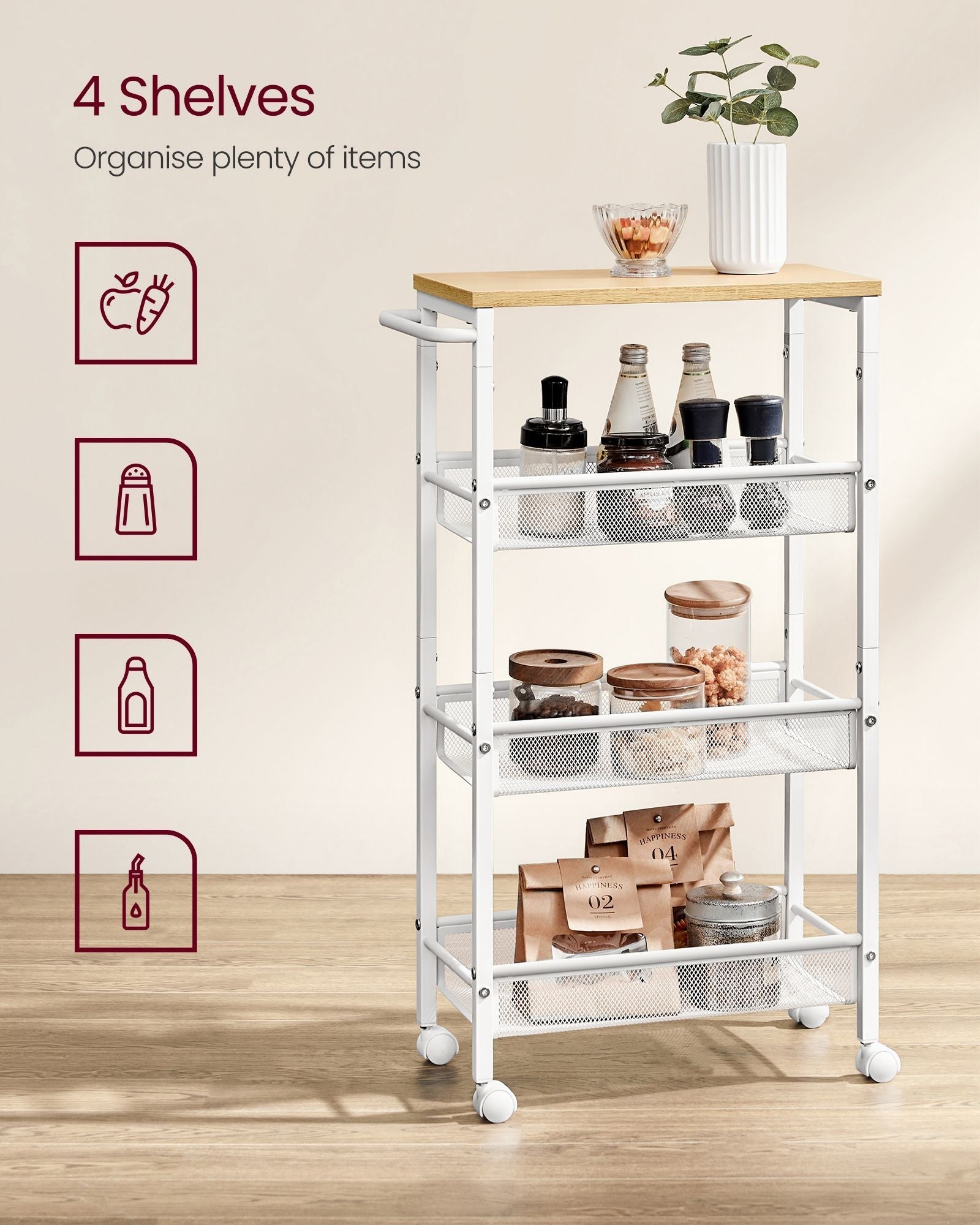 Kitchen Cart - Steel - Black - Space-Saving with Wheels and Handle
