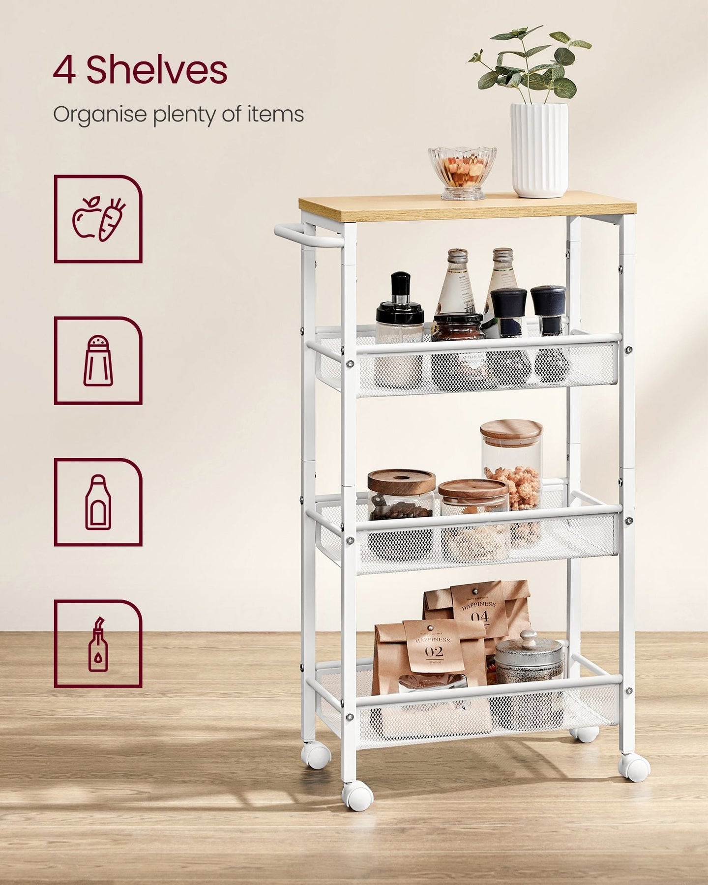 Kitchen Cart - Steel - Black - Space-Saving with Wheels and Handle