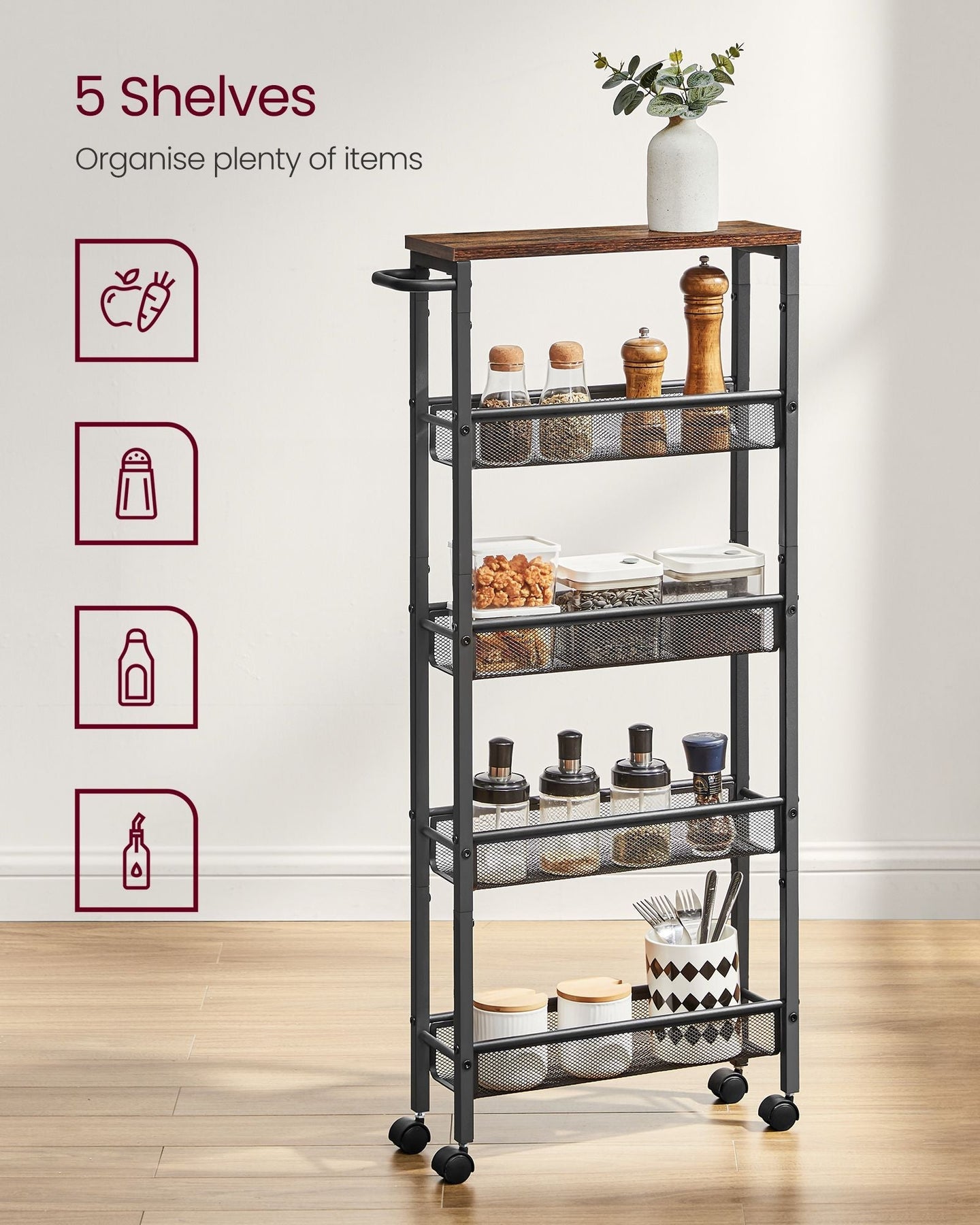 5-Shelf Trolley - Steel - Rustic Brown and Black - Space-Saving with Castors