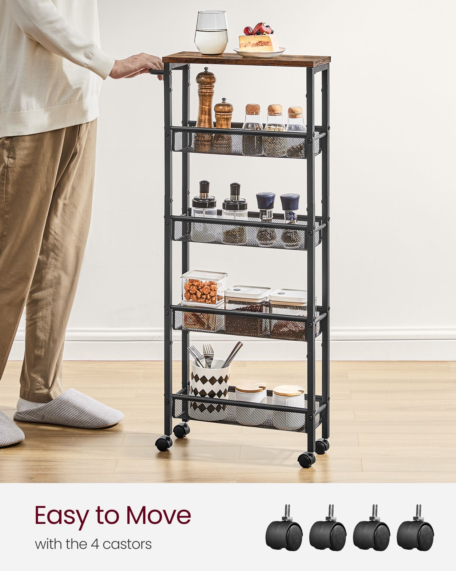 5-Shelf Trolley - Steel - Rustic Brown and Black - Space-Saving with Castors